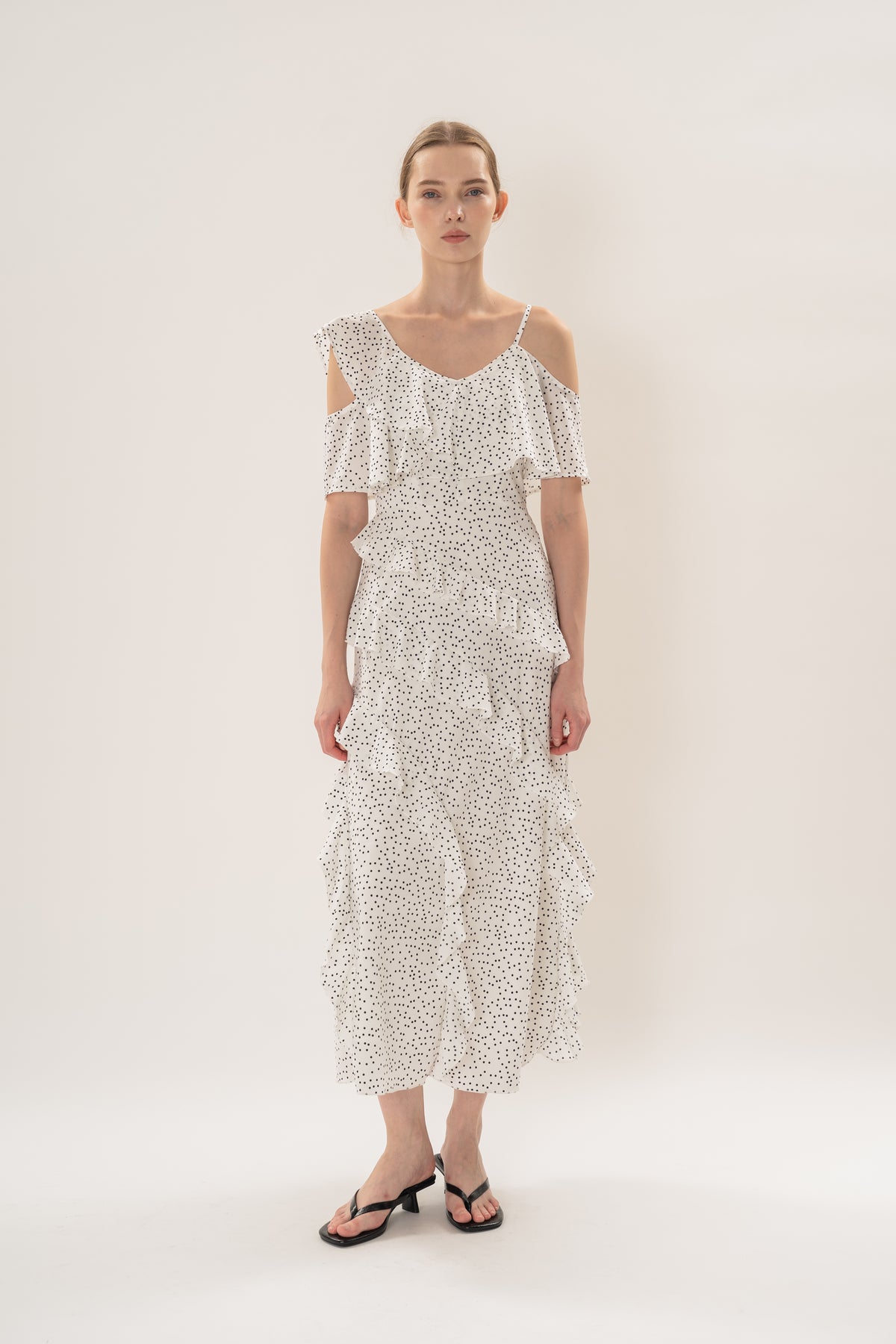 Ruffled Polka Dot Maxi Dress in White
