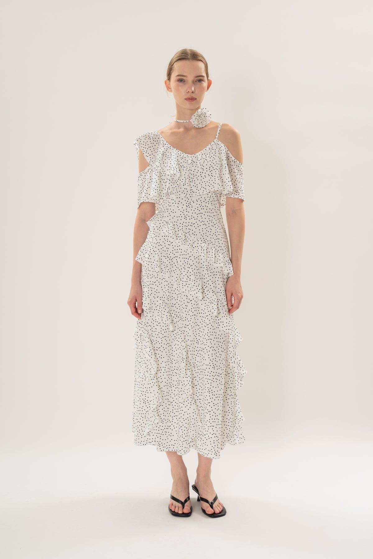 Ruffled Polka Dot Maxi Dress in White