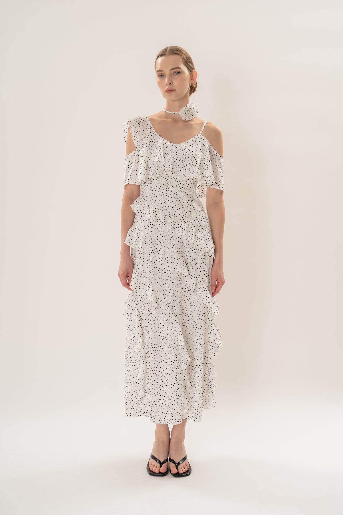 Ruffled Polka Dot Maxi Dress in White