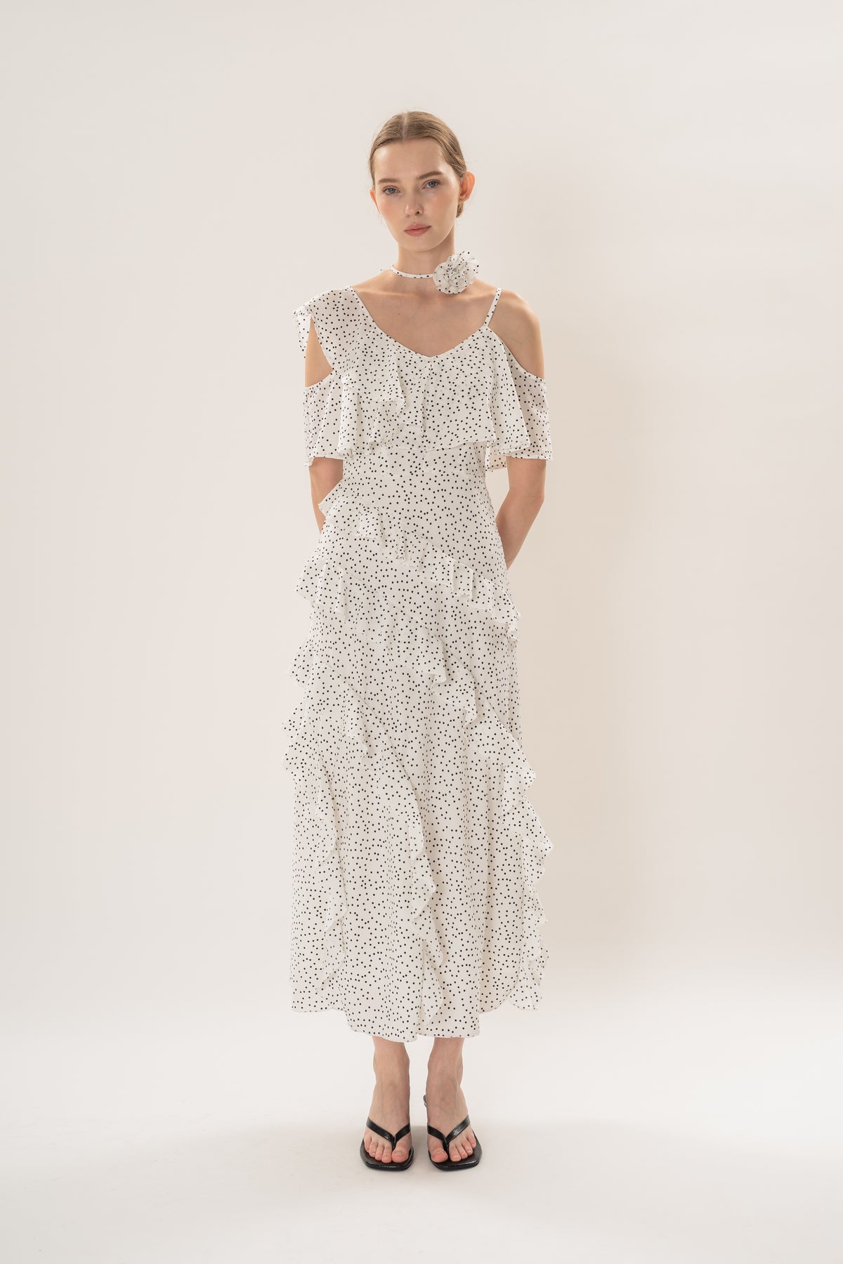 Ruffled Polka Dot Maxi Dress in White