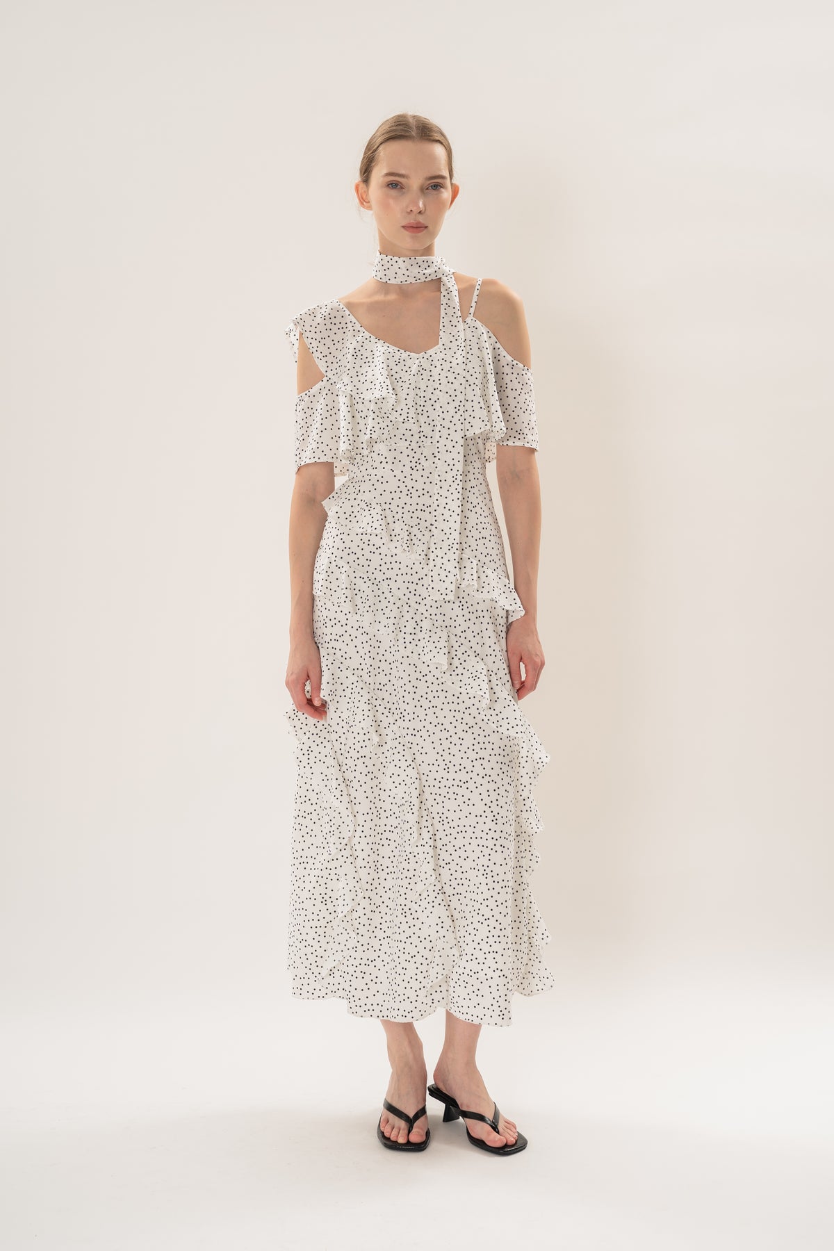 Ruffled Polka Dot Maxi Dress in White