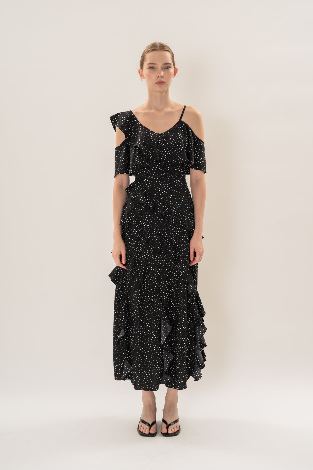 Ruffled Polka Dot Maxi Dress in Black