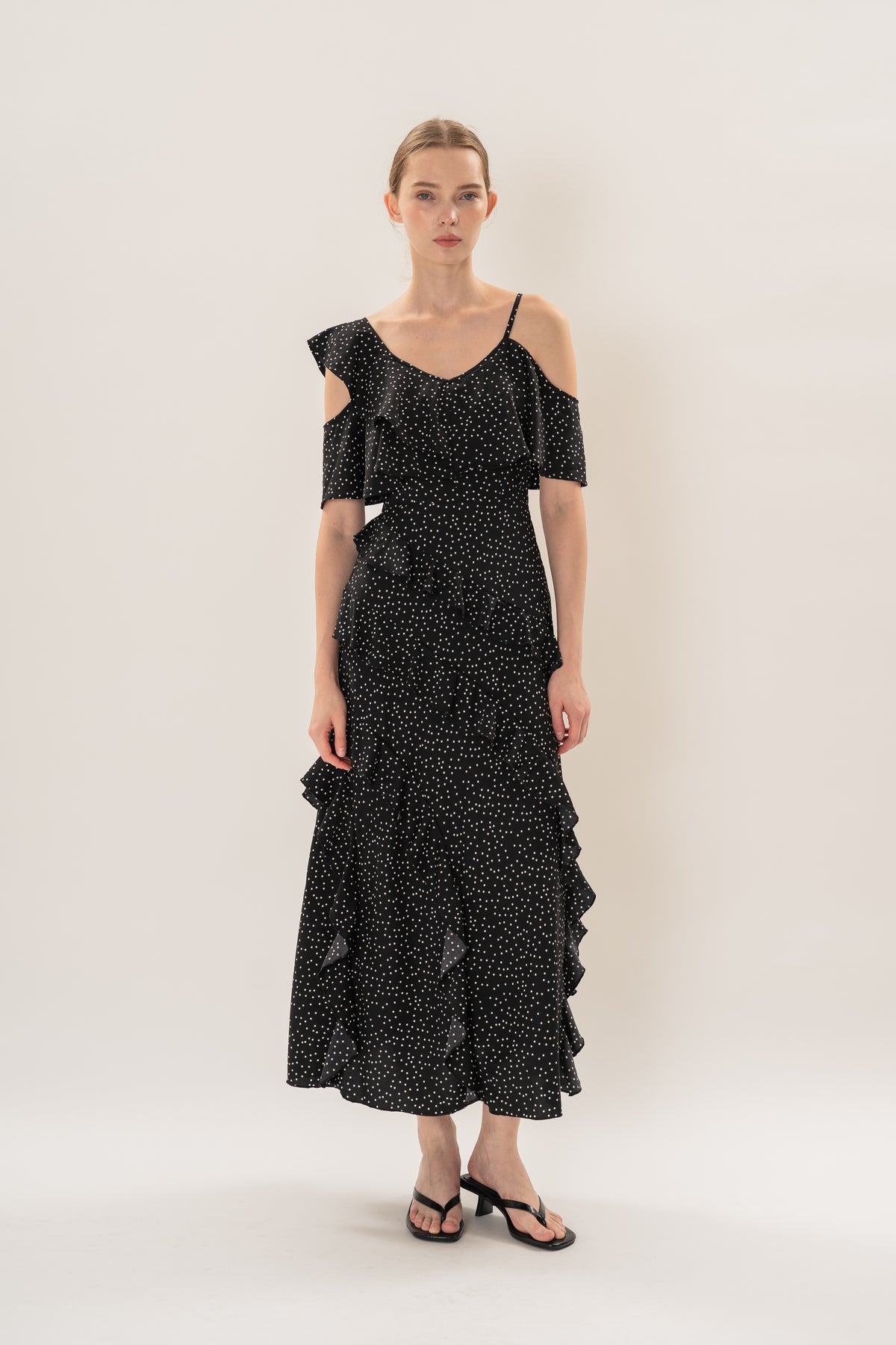 Ruffled Polka Dot Maxi Dress in Black