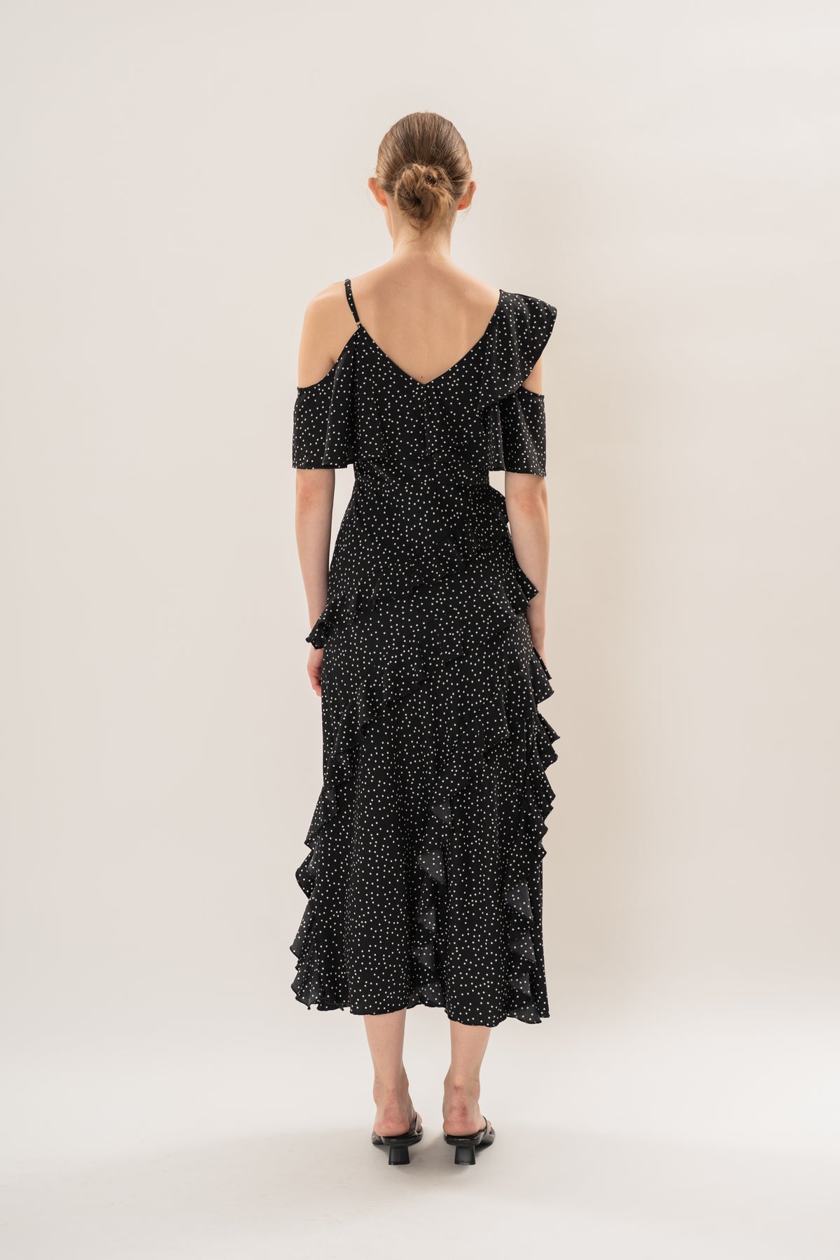Ruffled Polka Dot Maxi Dress in Black