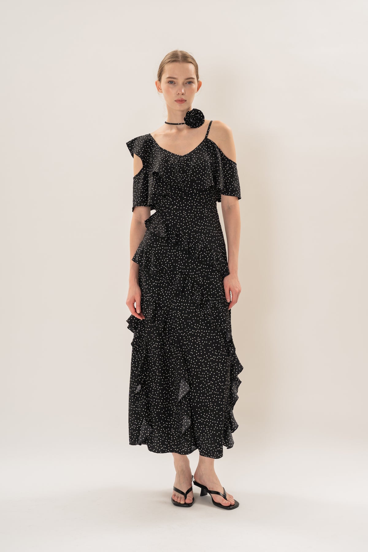 Ruffled Polka Dot Maxi Dress in Black