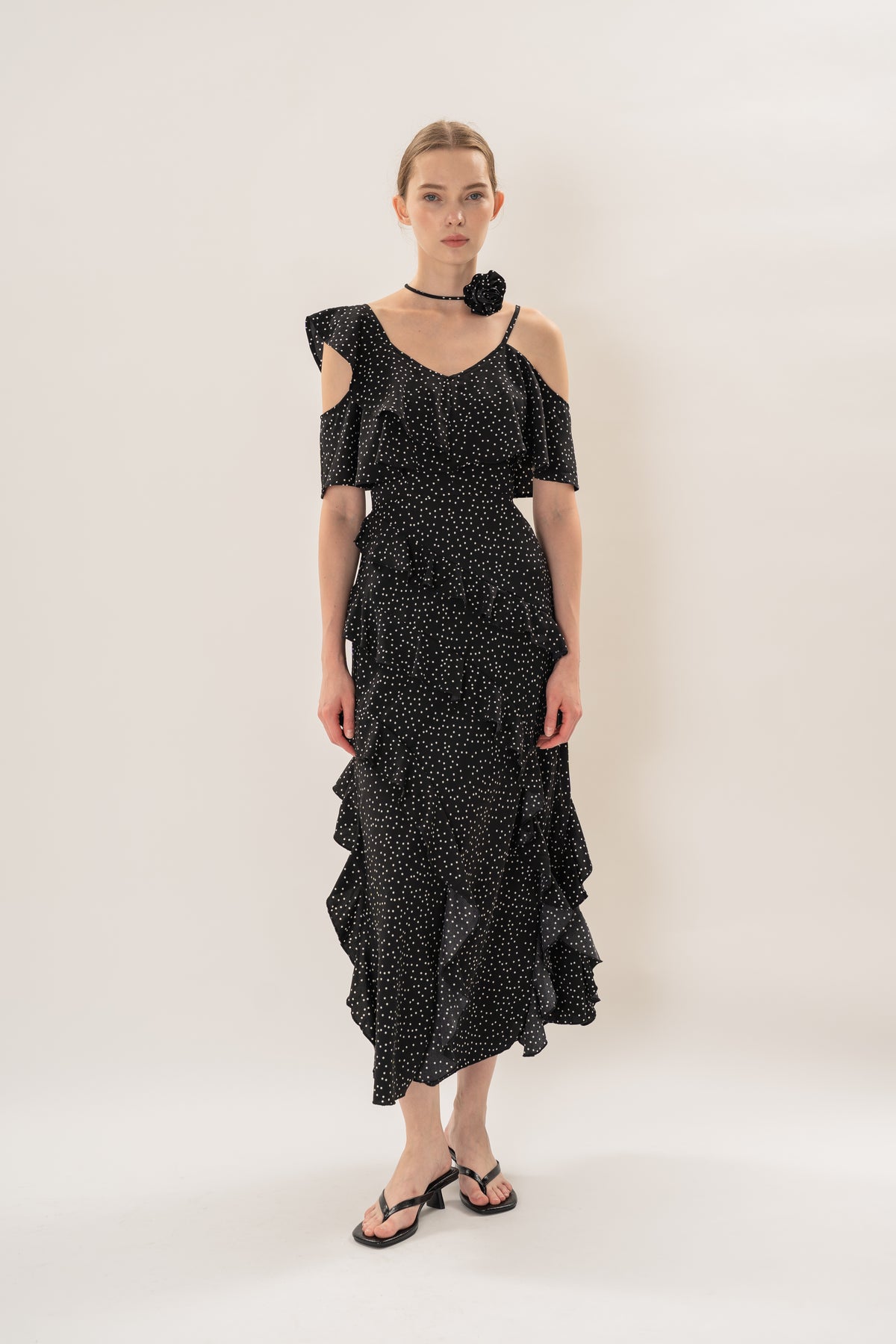 Ruffled Polka Dot Maxi Dress in Black
