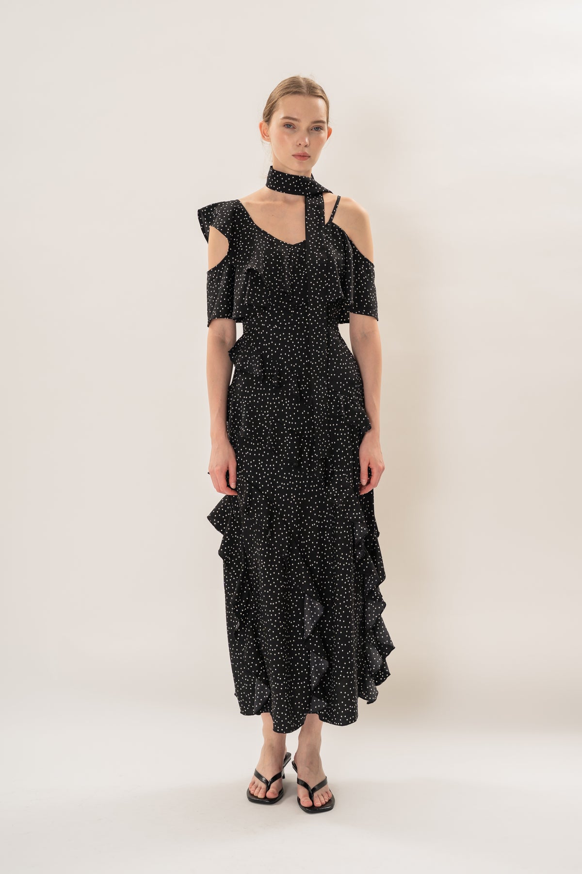 Ruffled Polka Dot Maxi Dress in Black