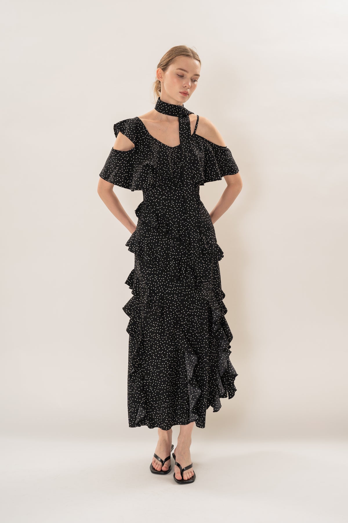 Ruffled Polka Dot Maxi Dress in Black