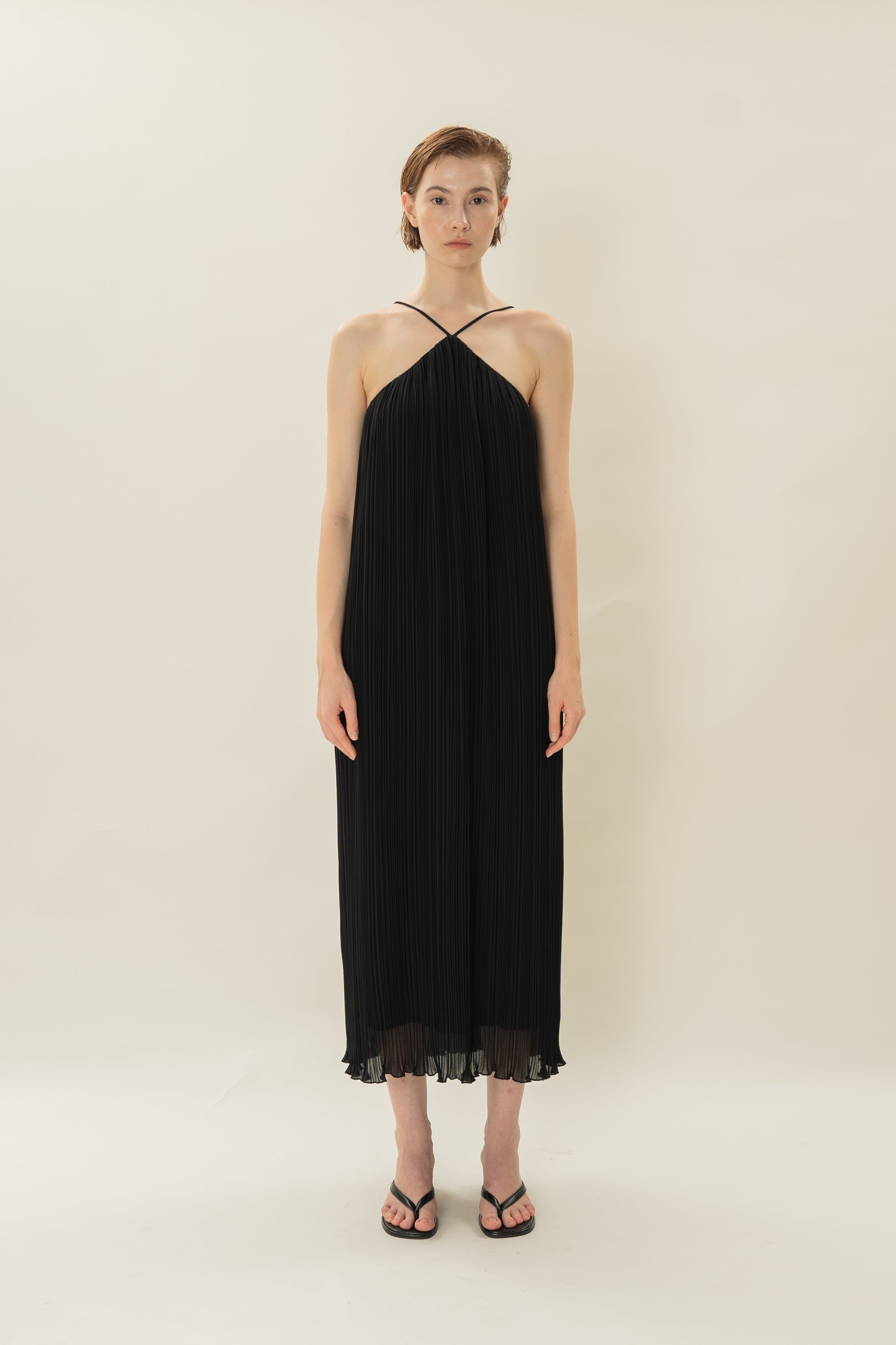 Halter Pleated Maxi Dress in Black