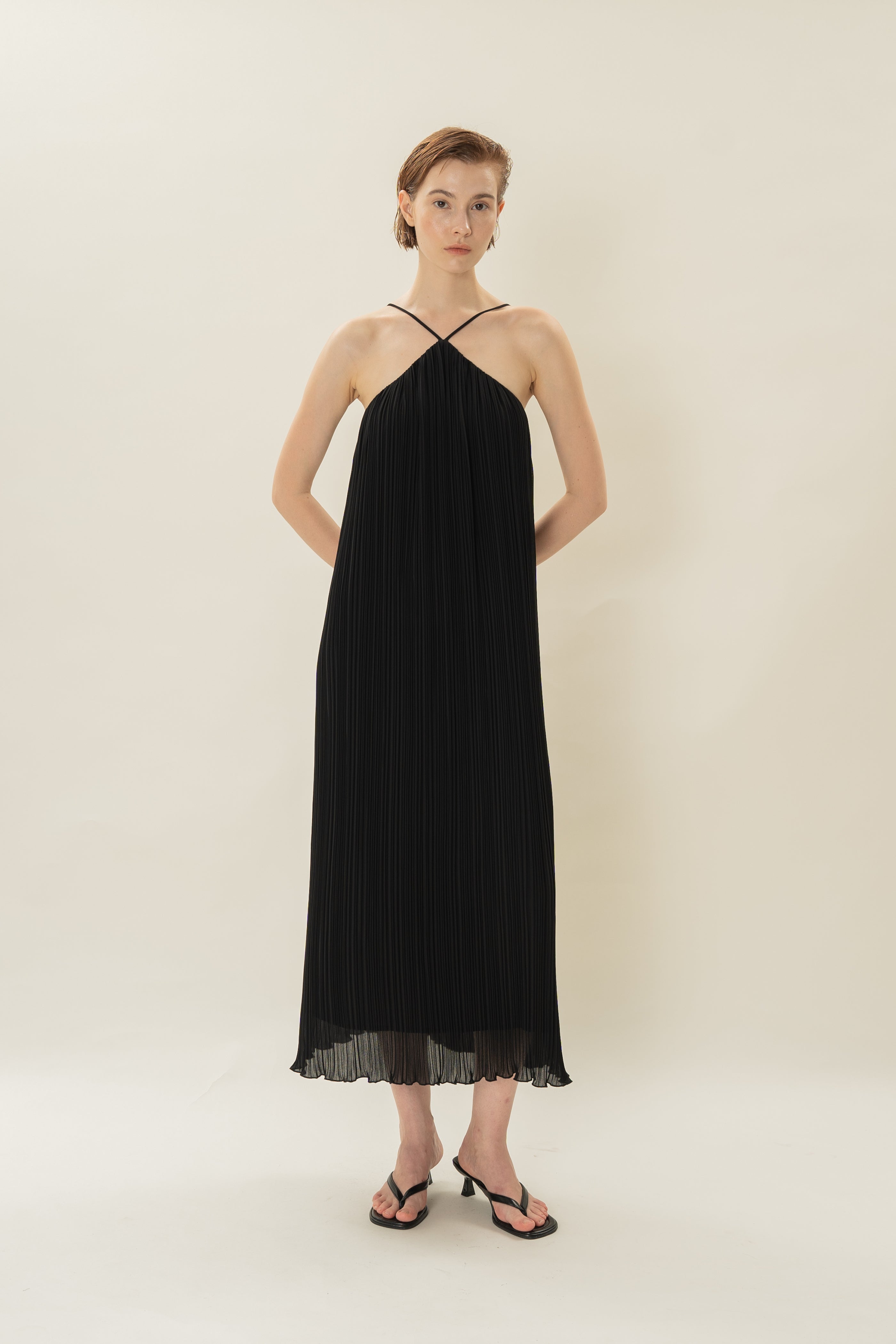 Halter Pleated Maxi Dress in Black