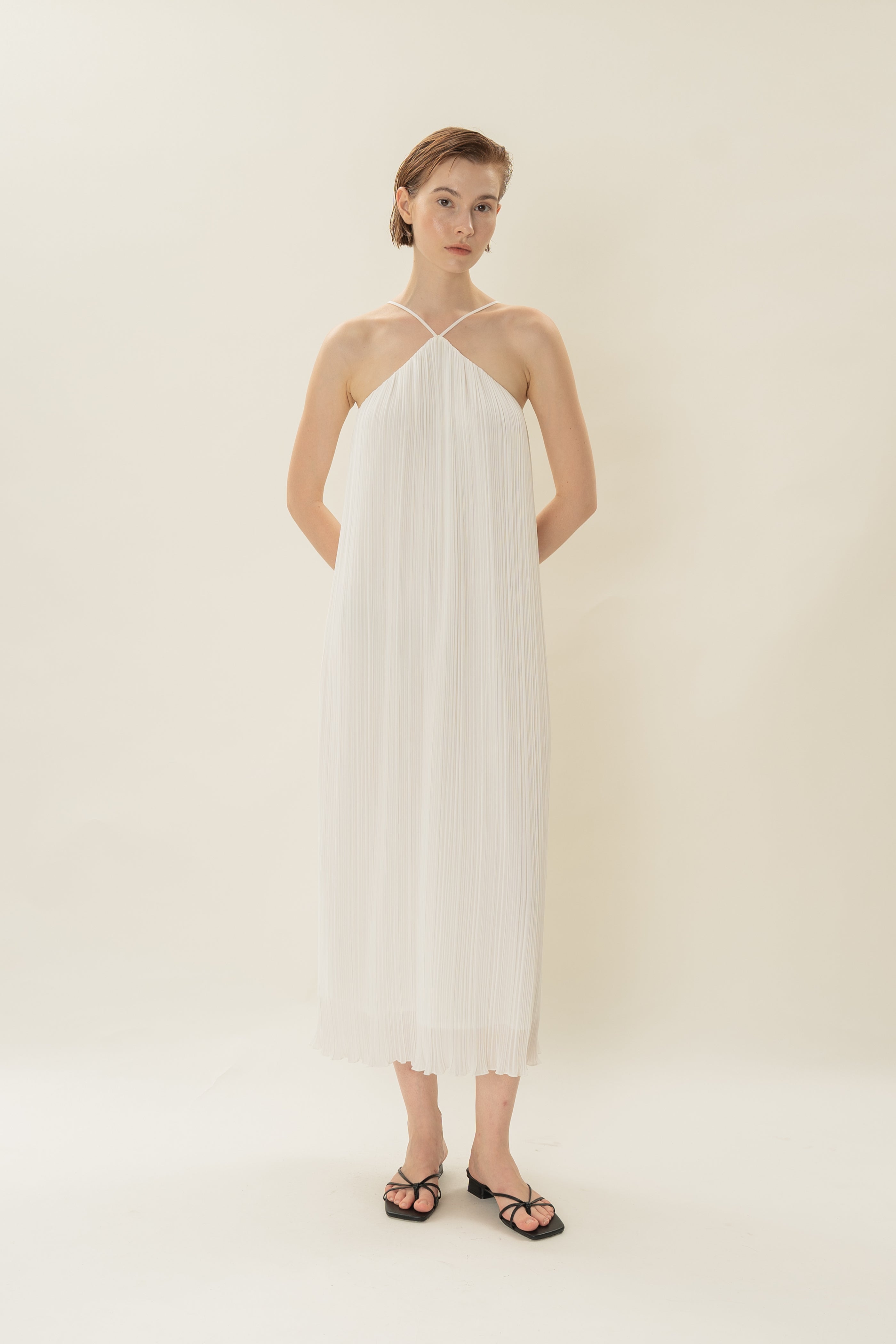 Halter Pleated Maxi Dress in White