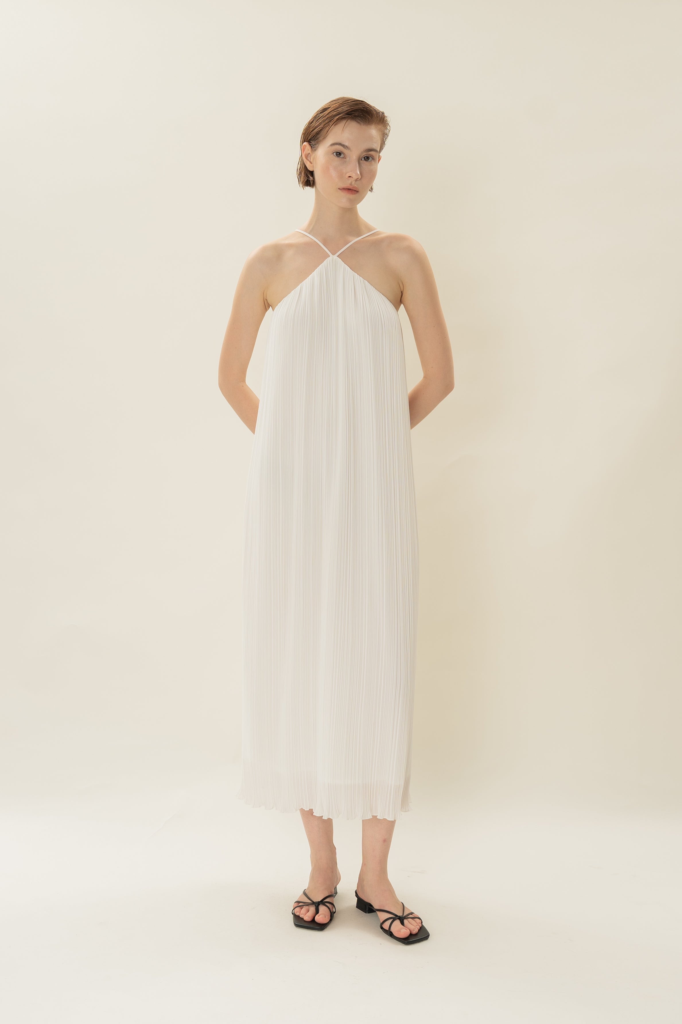 Halter Pleated Maxi Dress in White