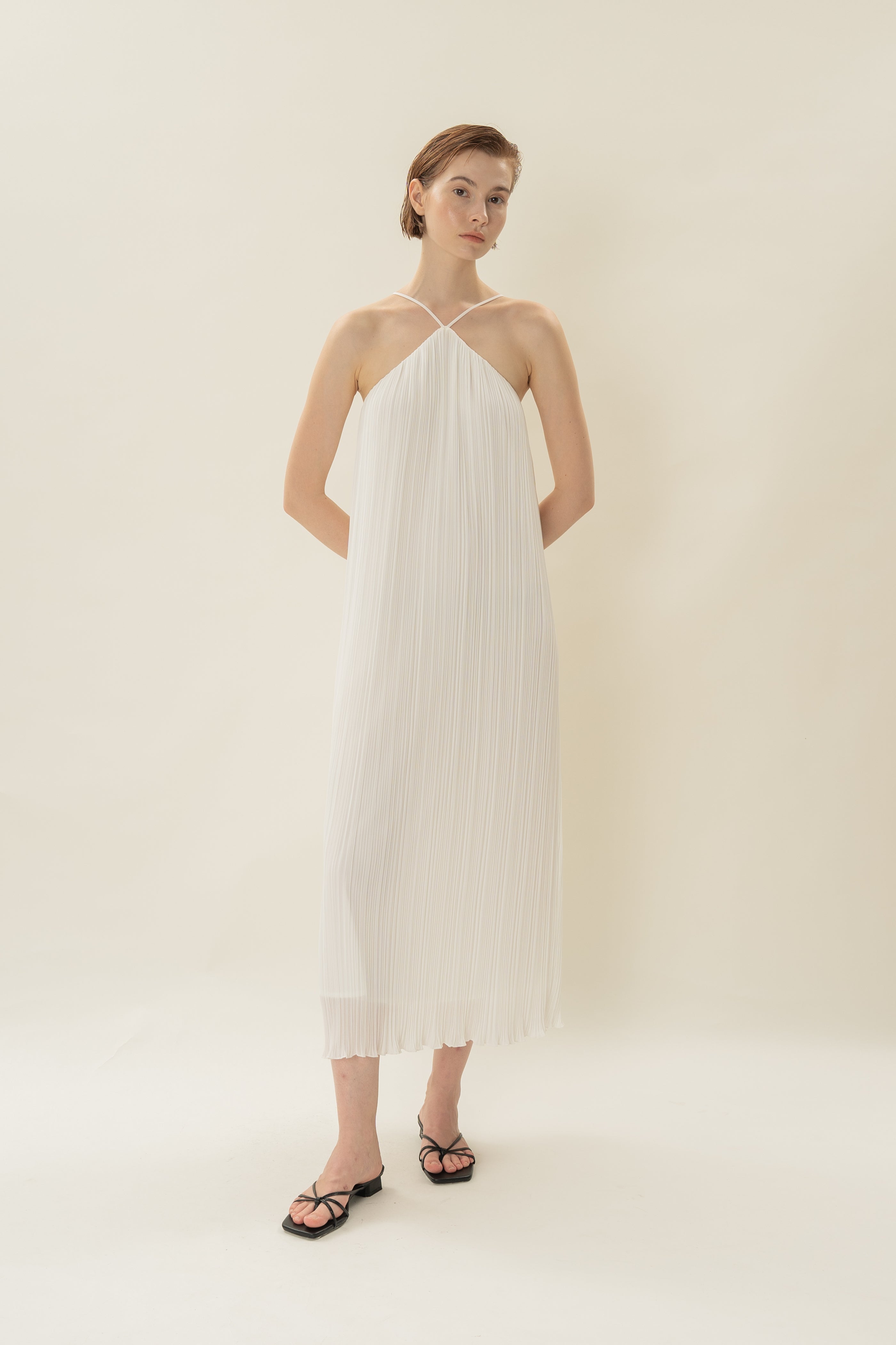 Halter Pleated Maxi Dress in White