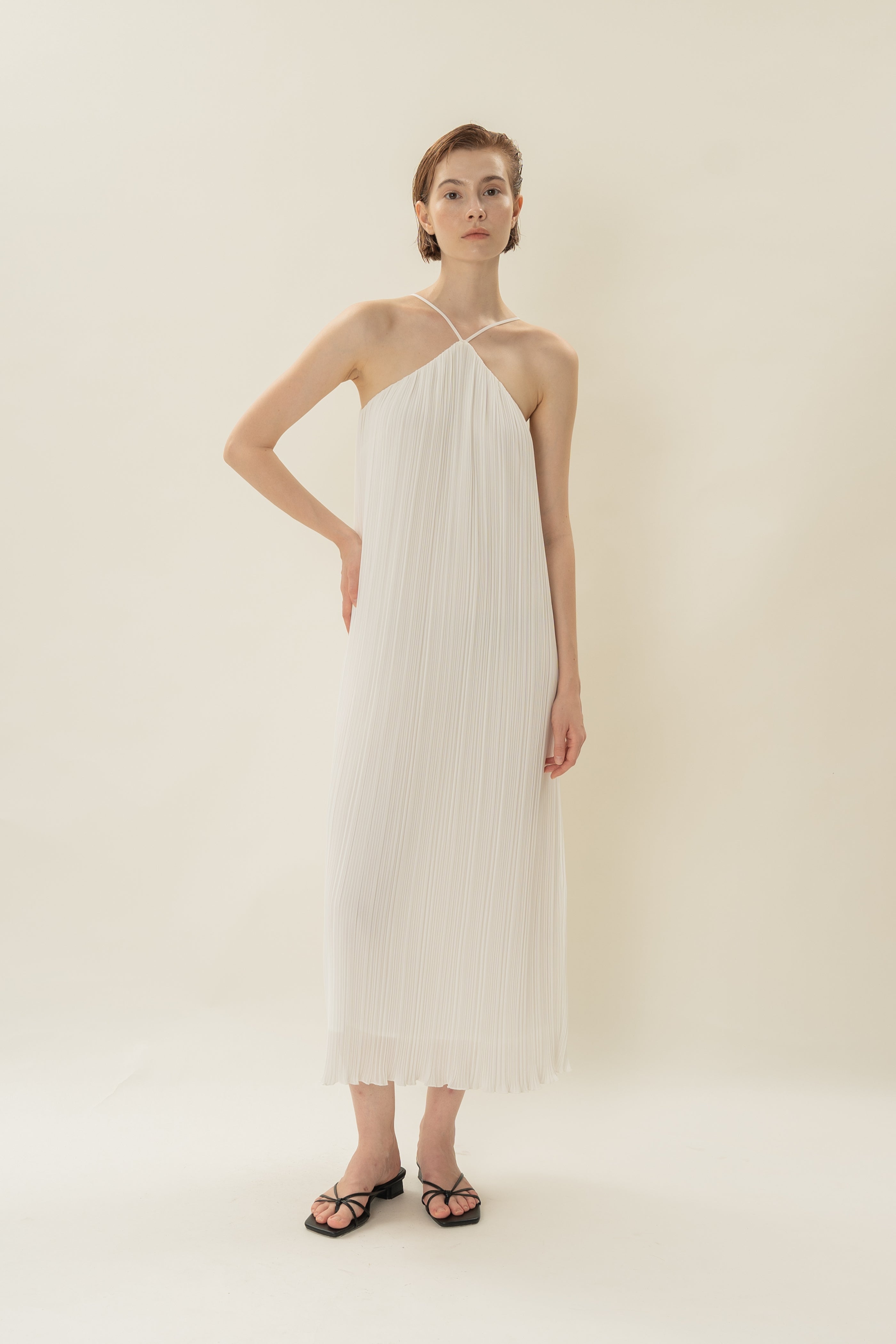 Halter Pleated Maxi Dress in White