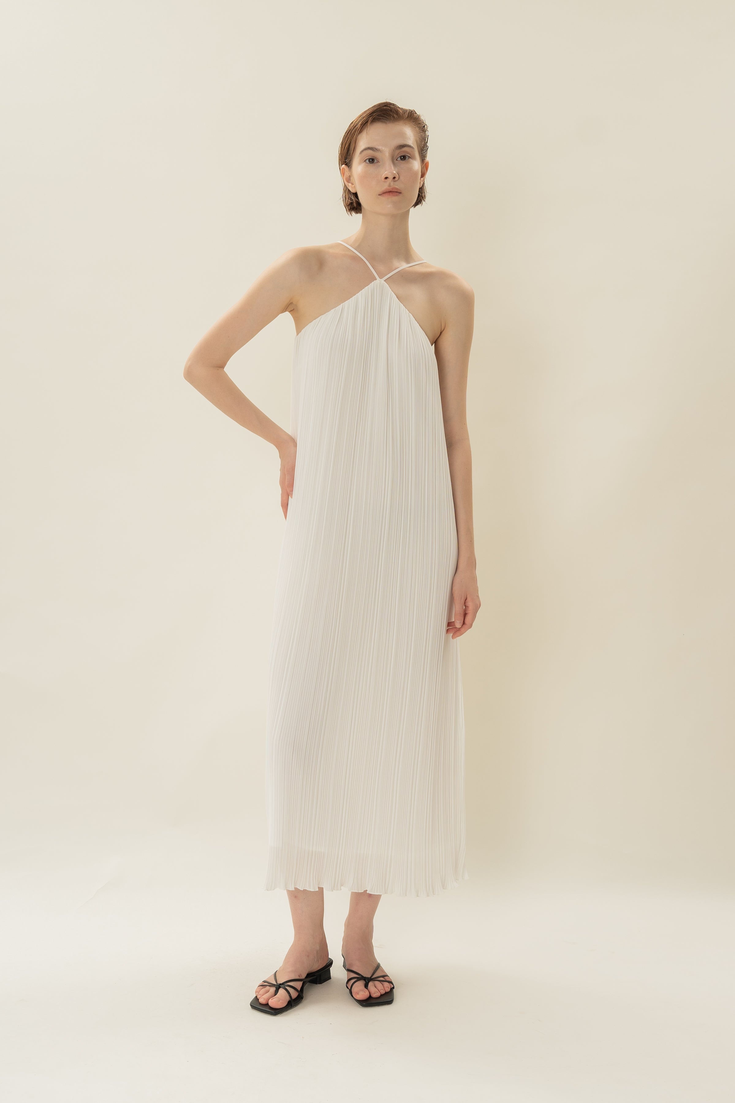 Halter Pleated Maxi Dress in White