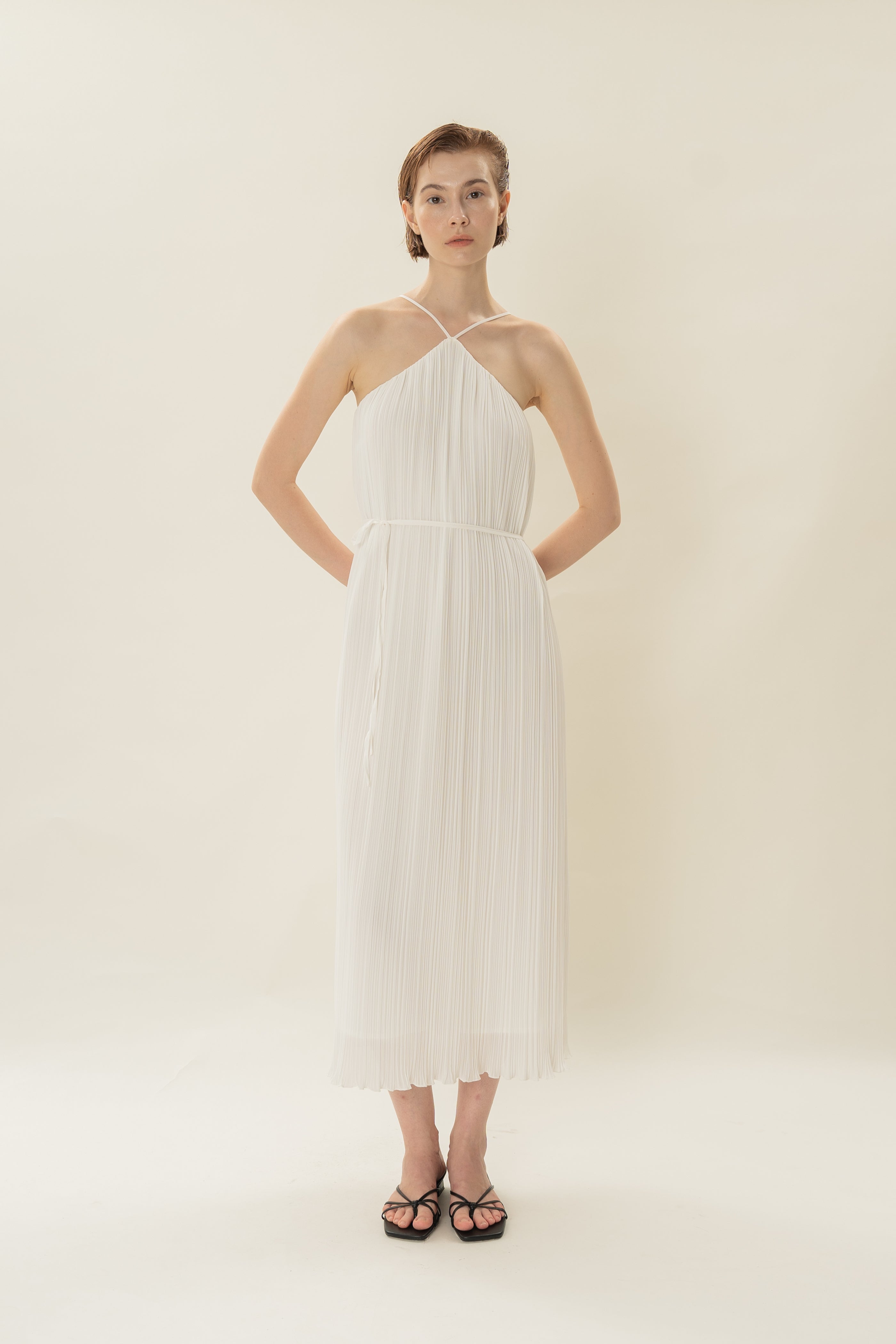 Halter Pleated Maxi Dress in White