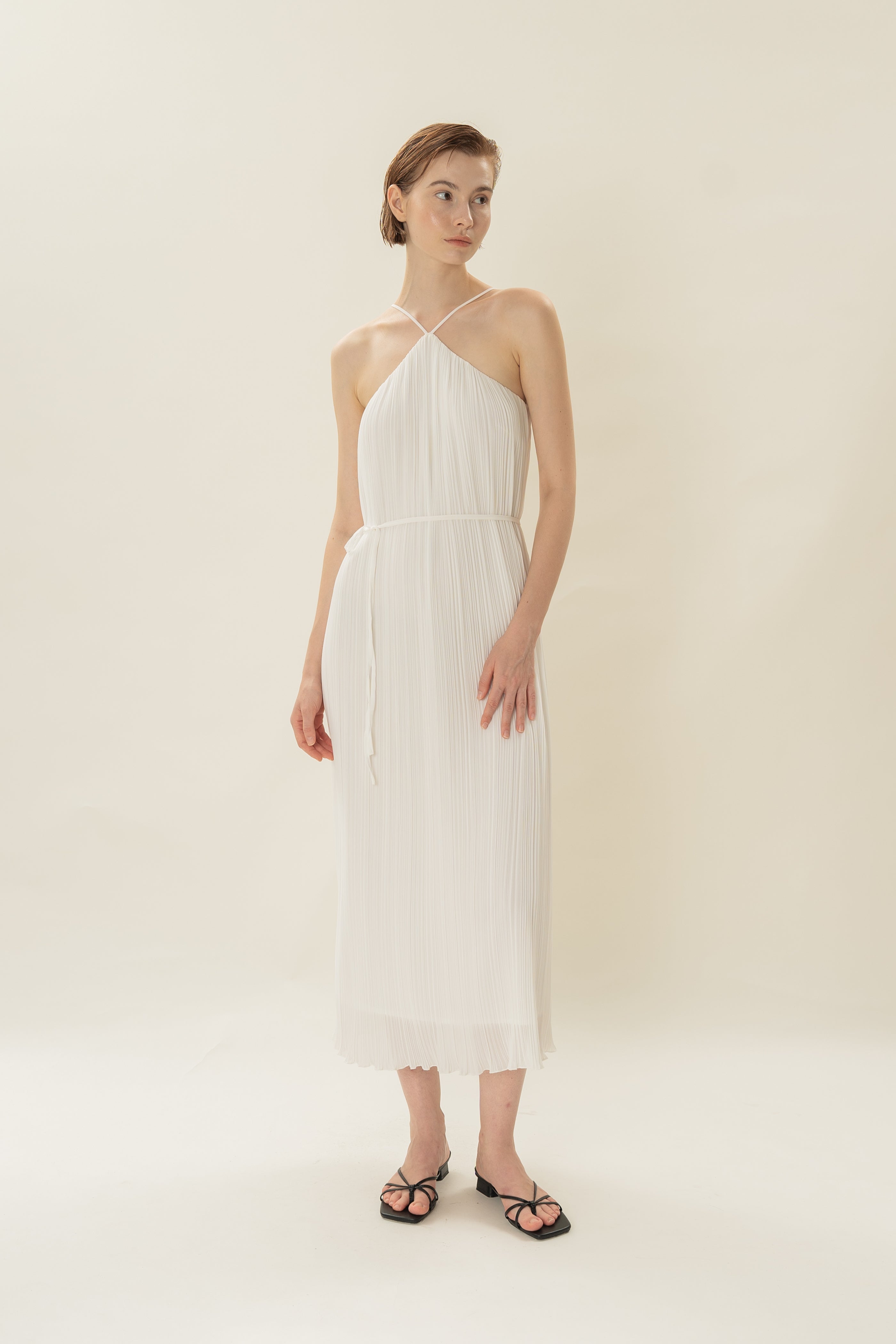 Halter Pleated Maxi Dress in White