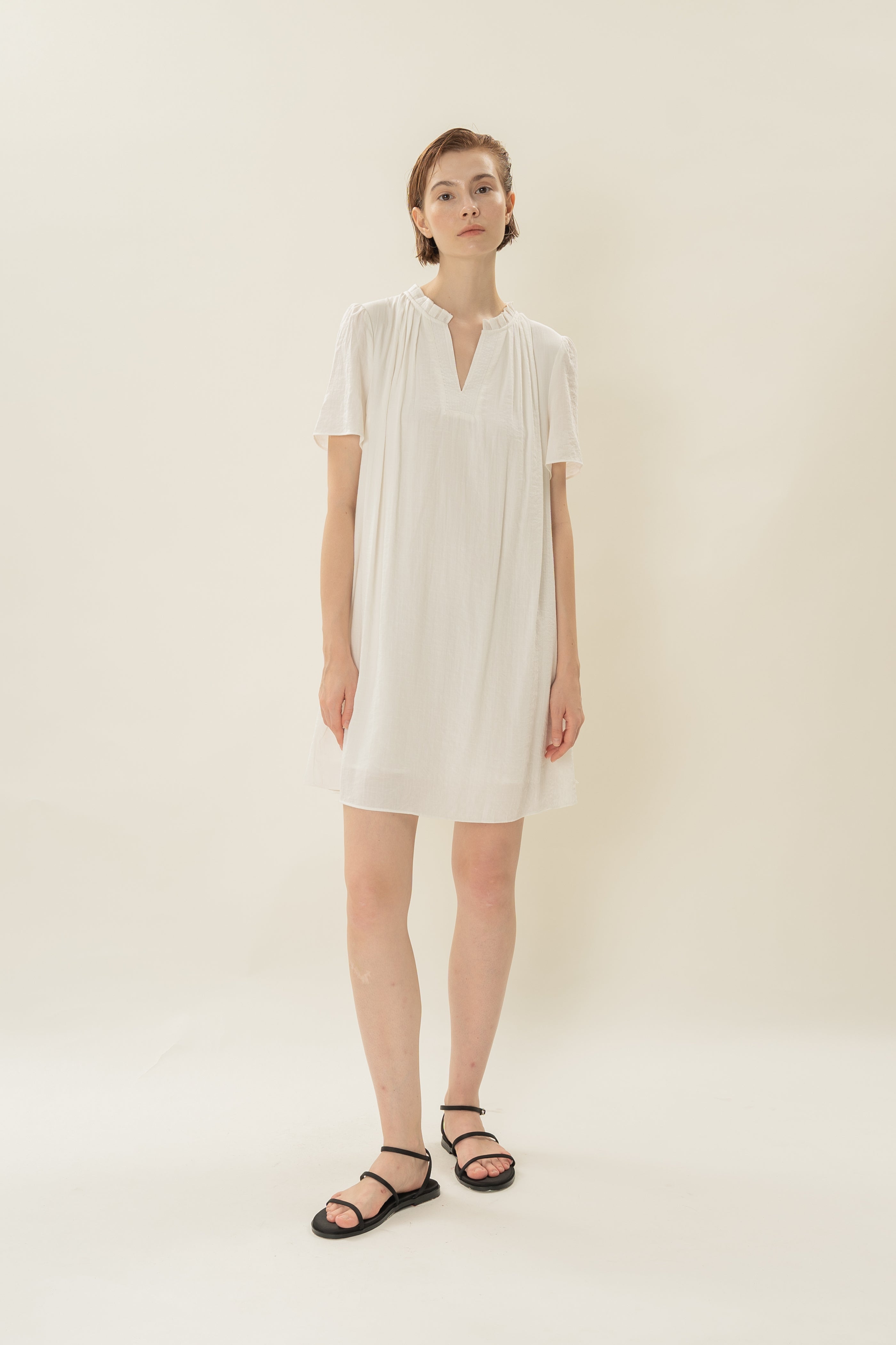 Pleated V Neck Dress in White
