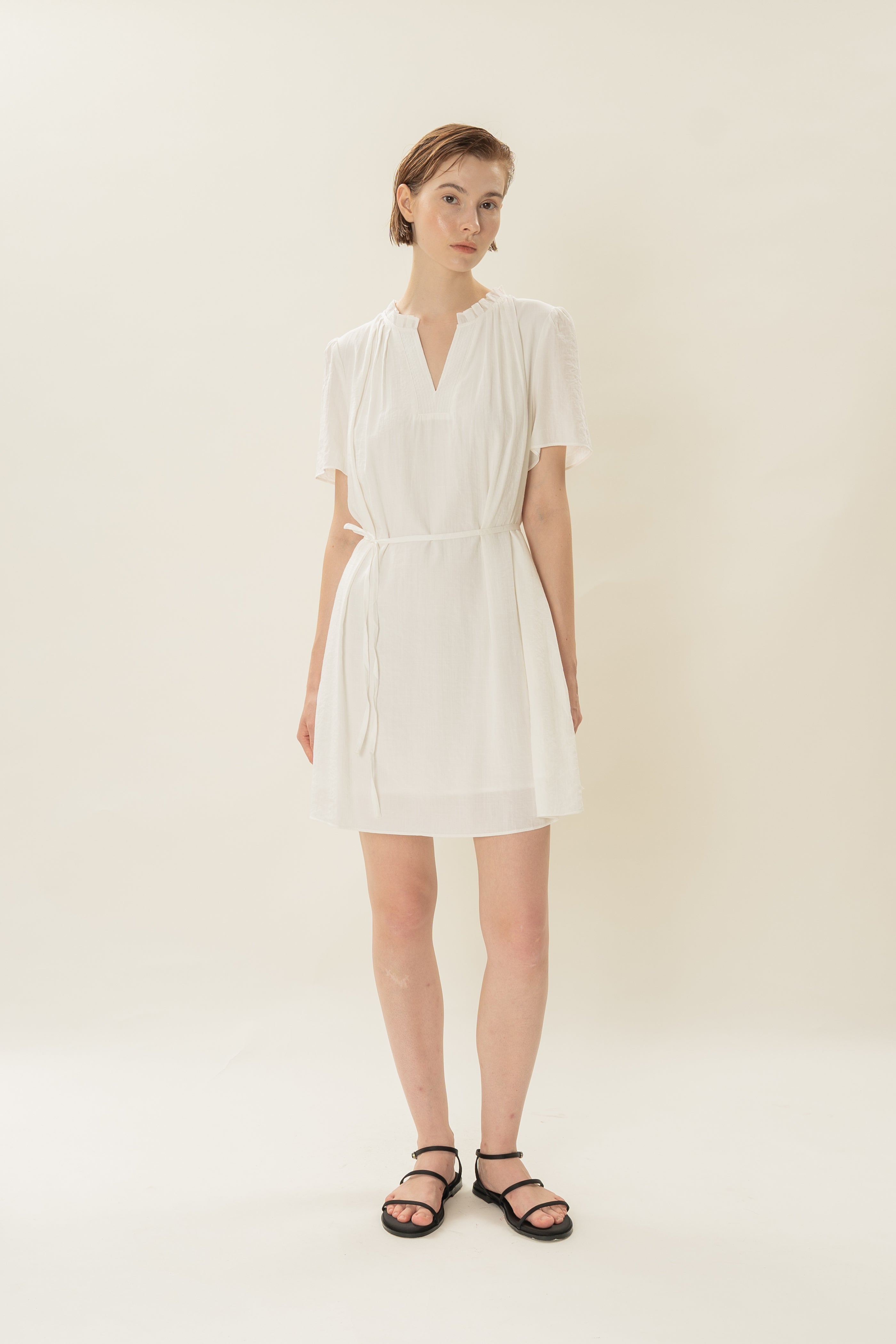 Pleated V Neck Dress in White