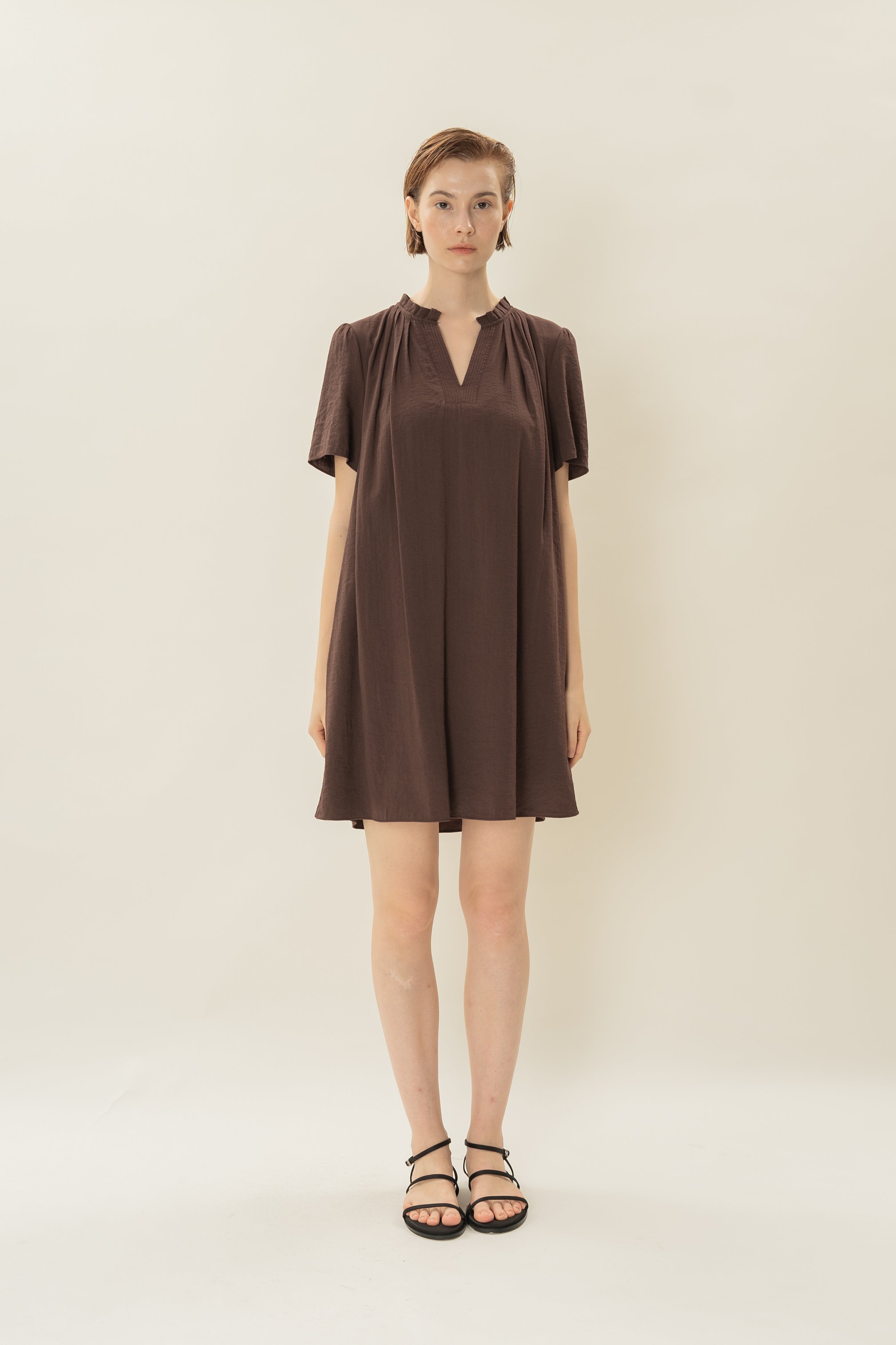 Pleated V Neck Dress in Soil