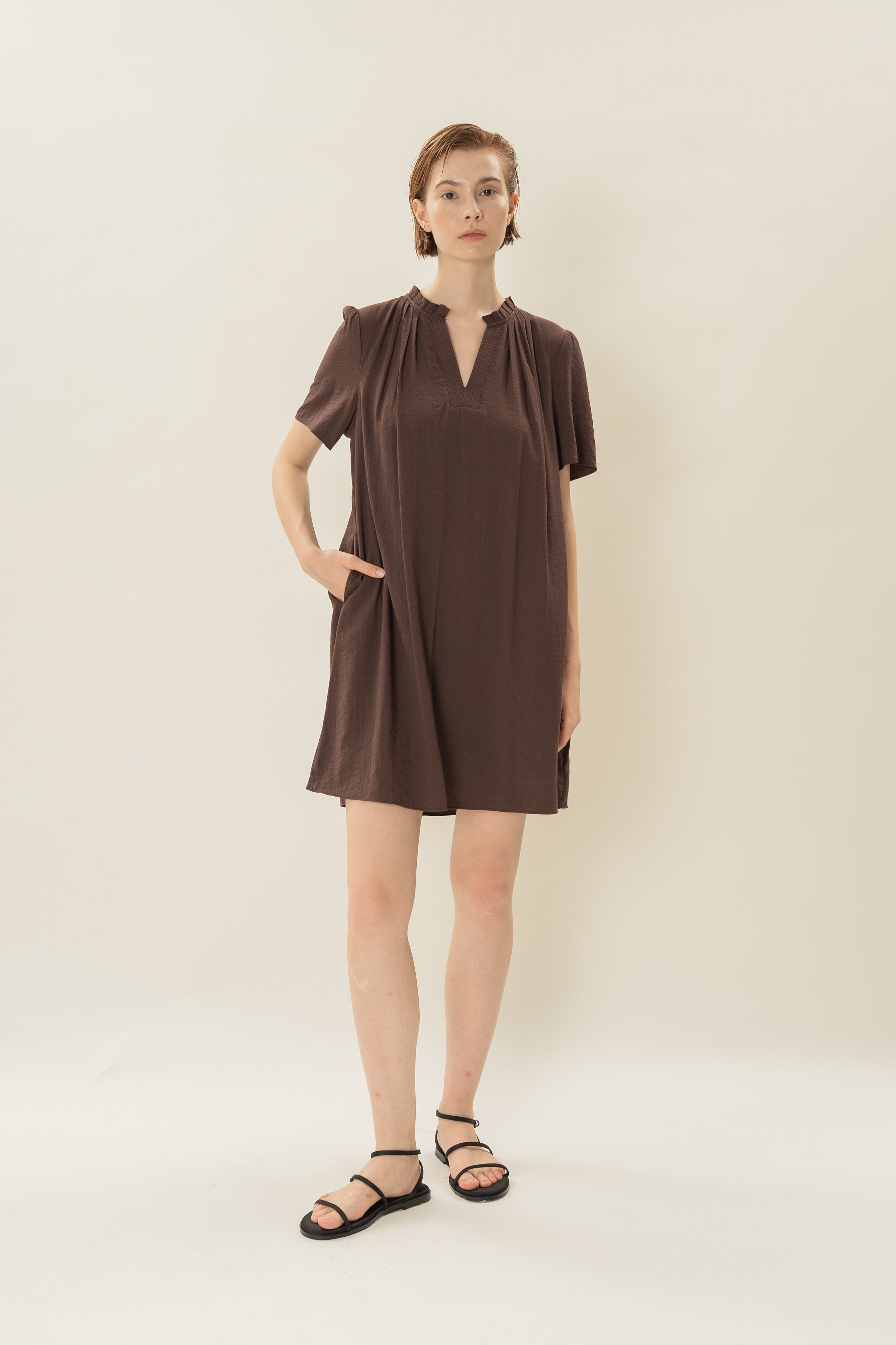 Pleated V Neck Dress in Soil