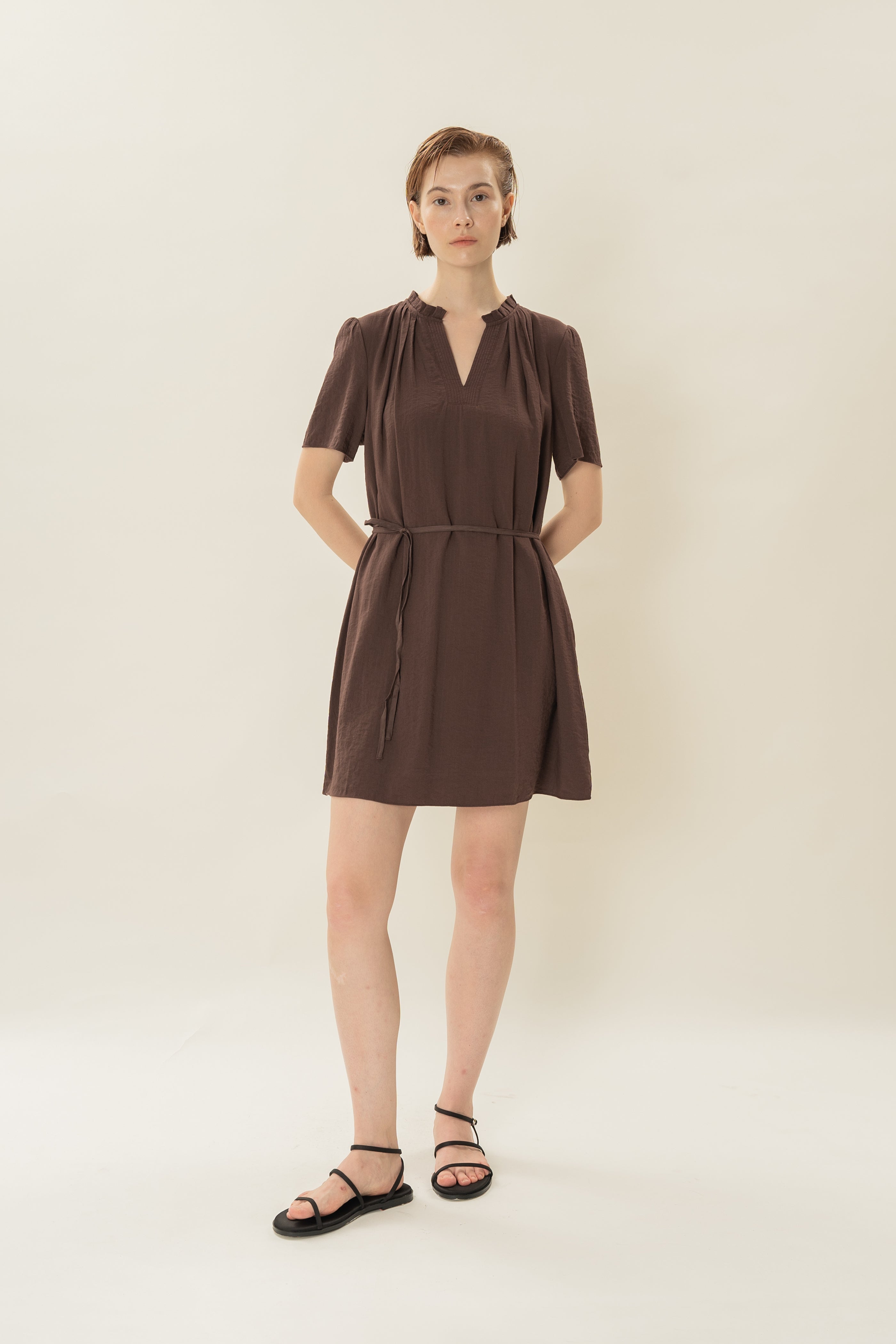 Pleated V Neck Dress in Soil