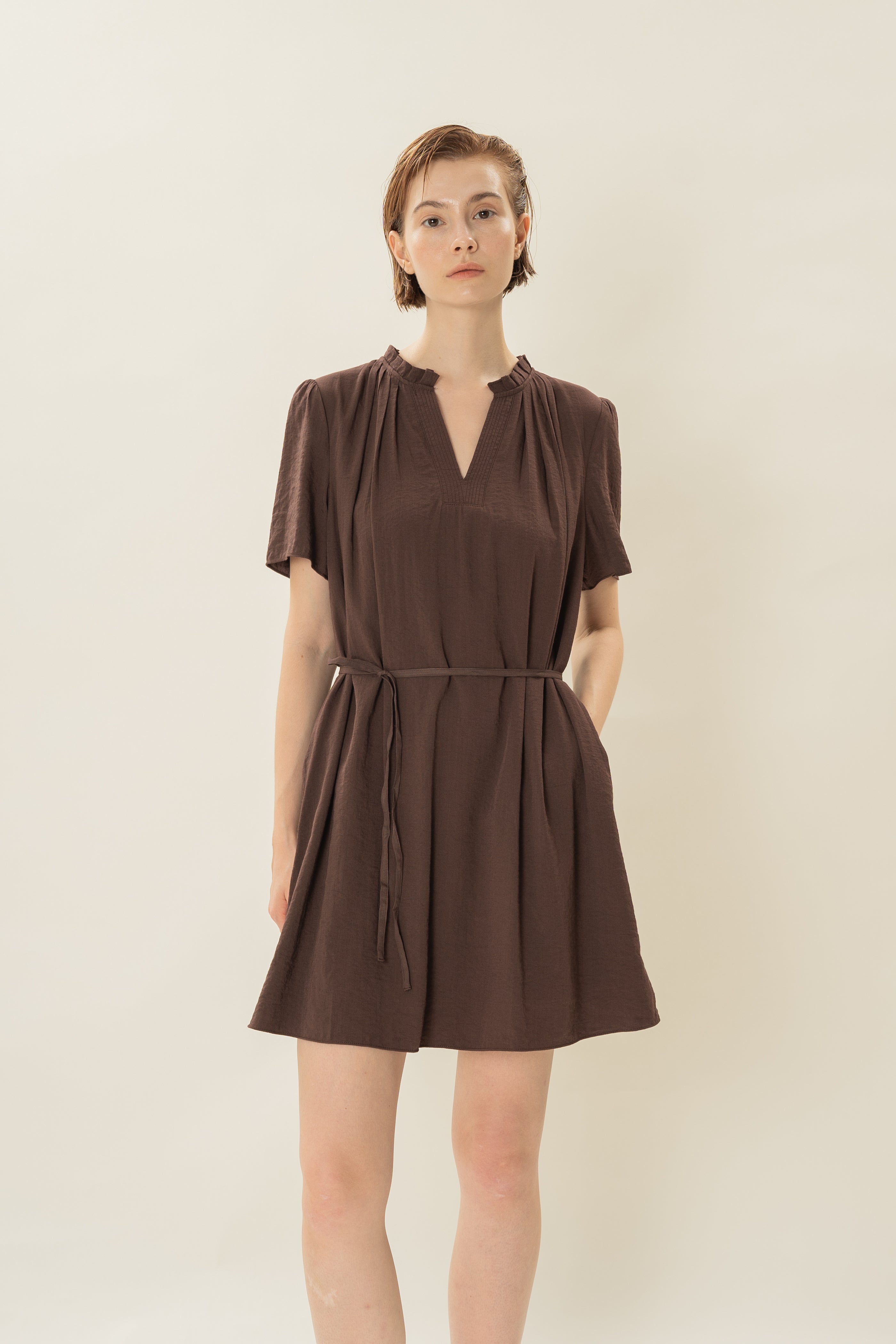 Pleated V Neck Dress in Soil