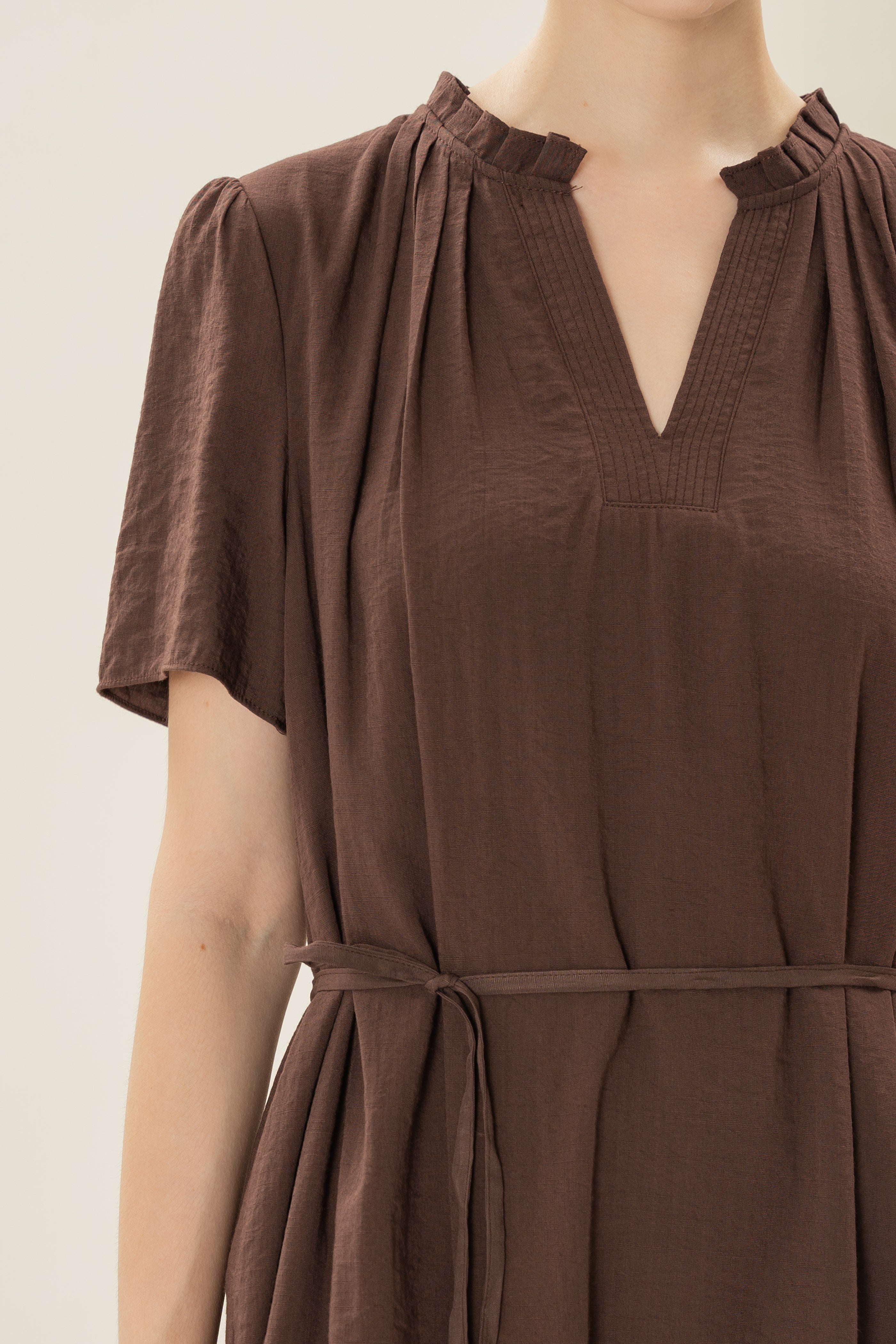 Pleated V Neck Dress in Soil