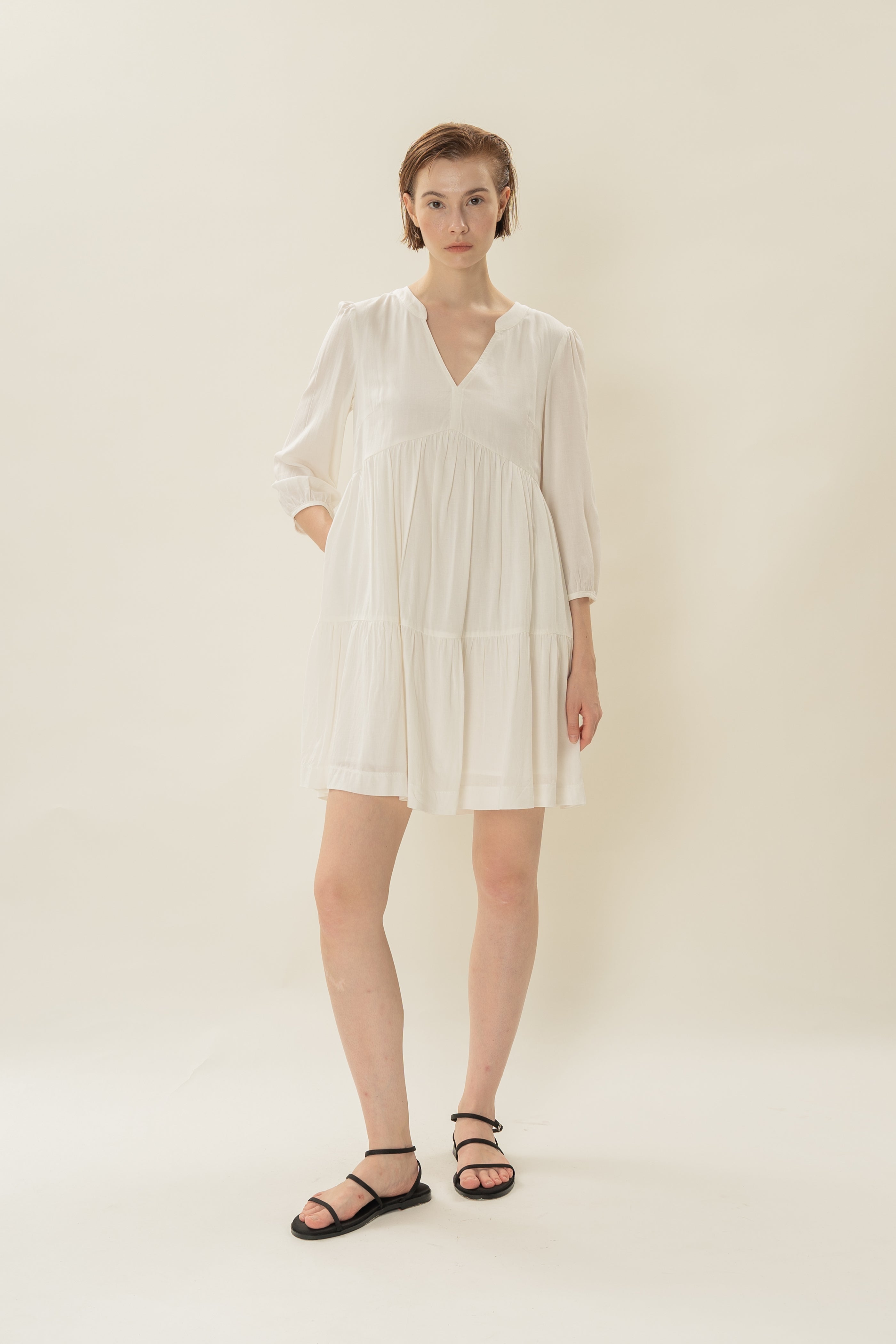 Linen Blend Tiered Dress in White