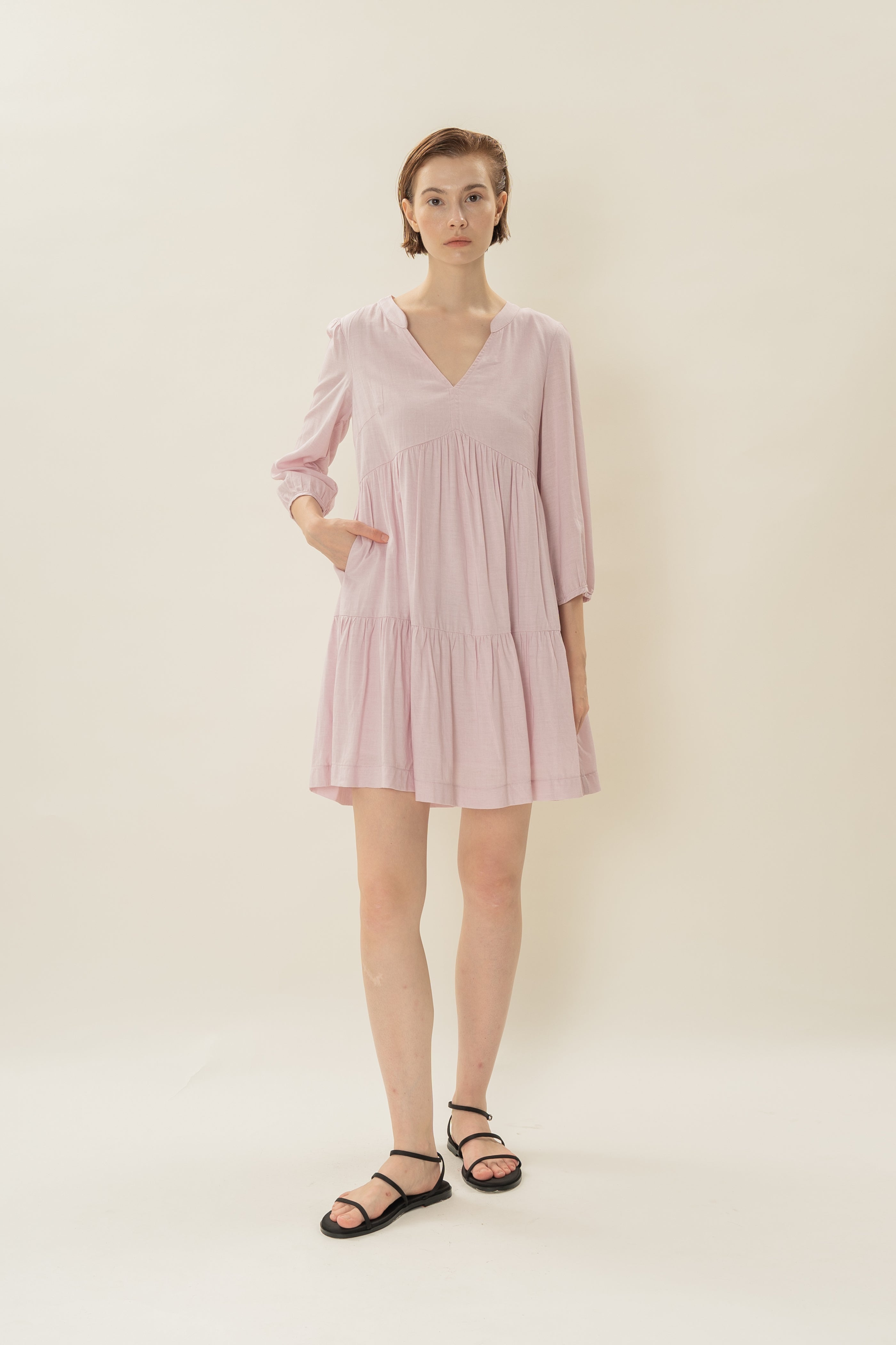 Linen Blend Tiered Dress in Pale Pink