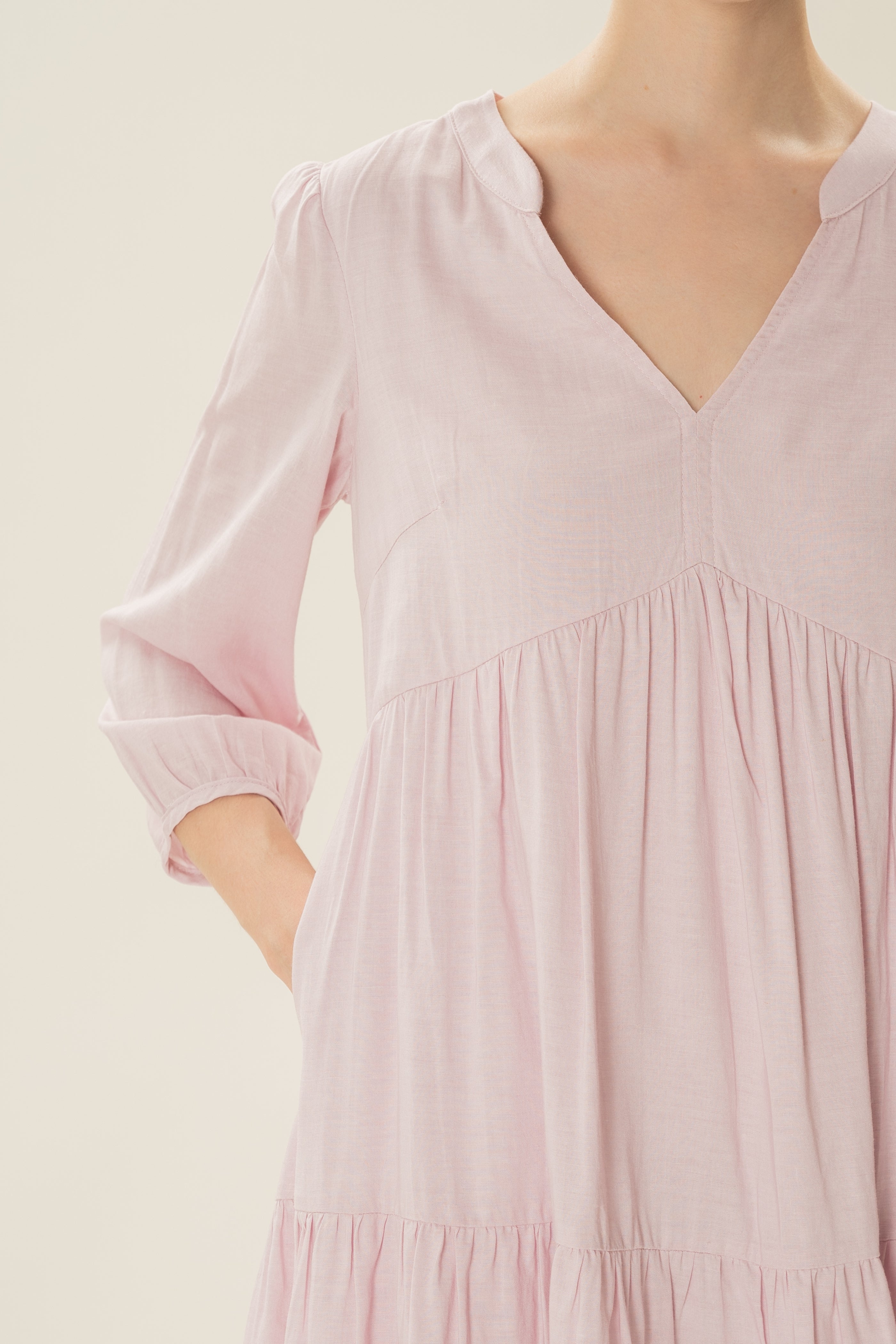 Linen Blend Tiered Dress in Pale Pink