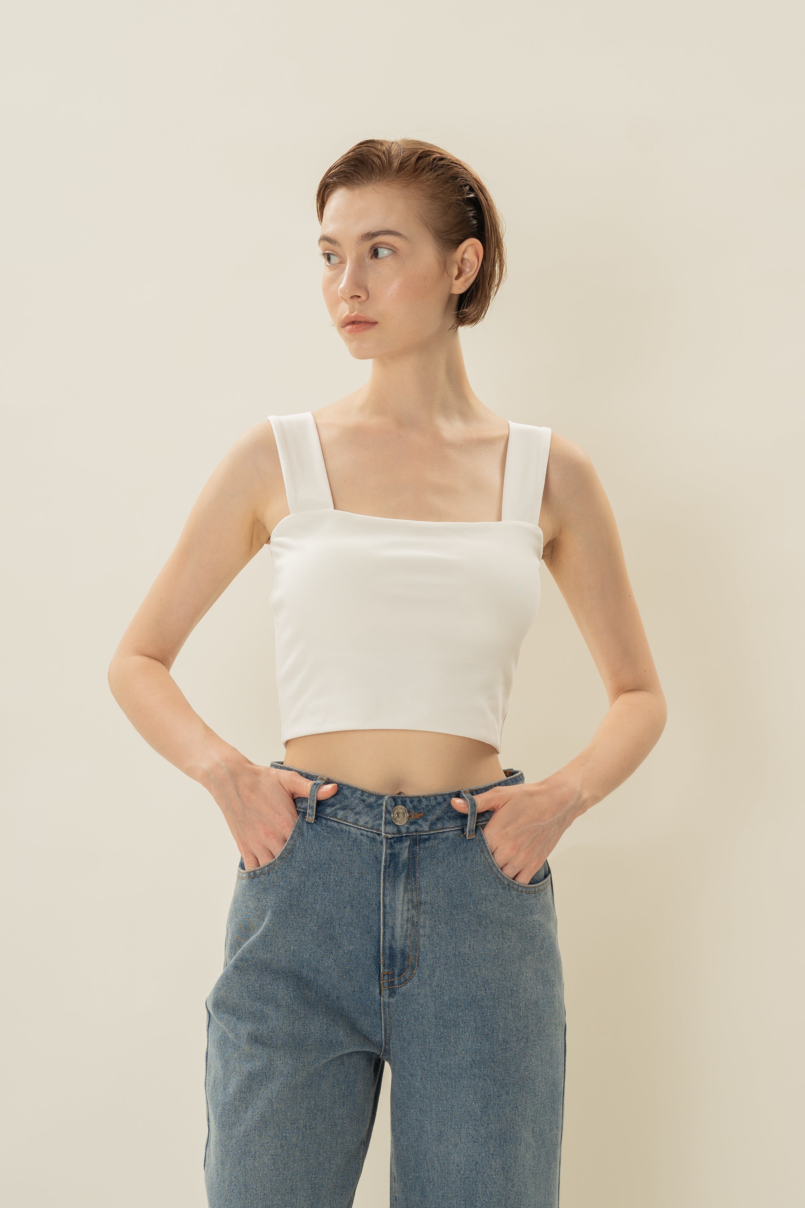 Padded Straight Neck Tank in White