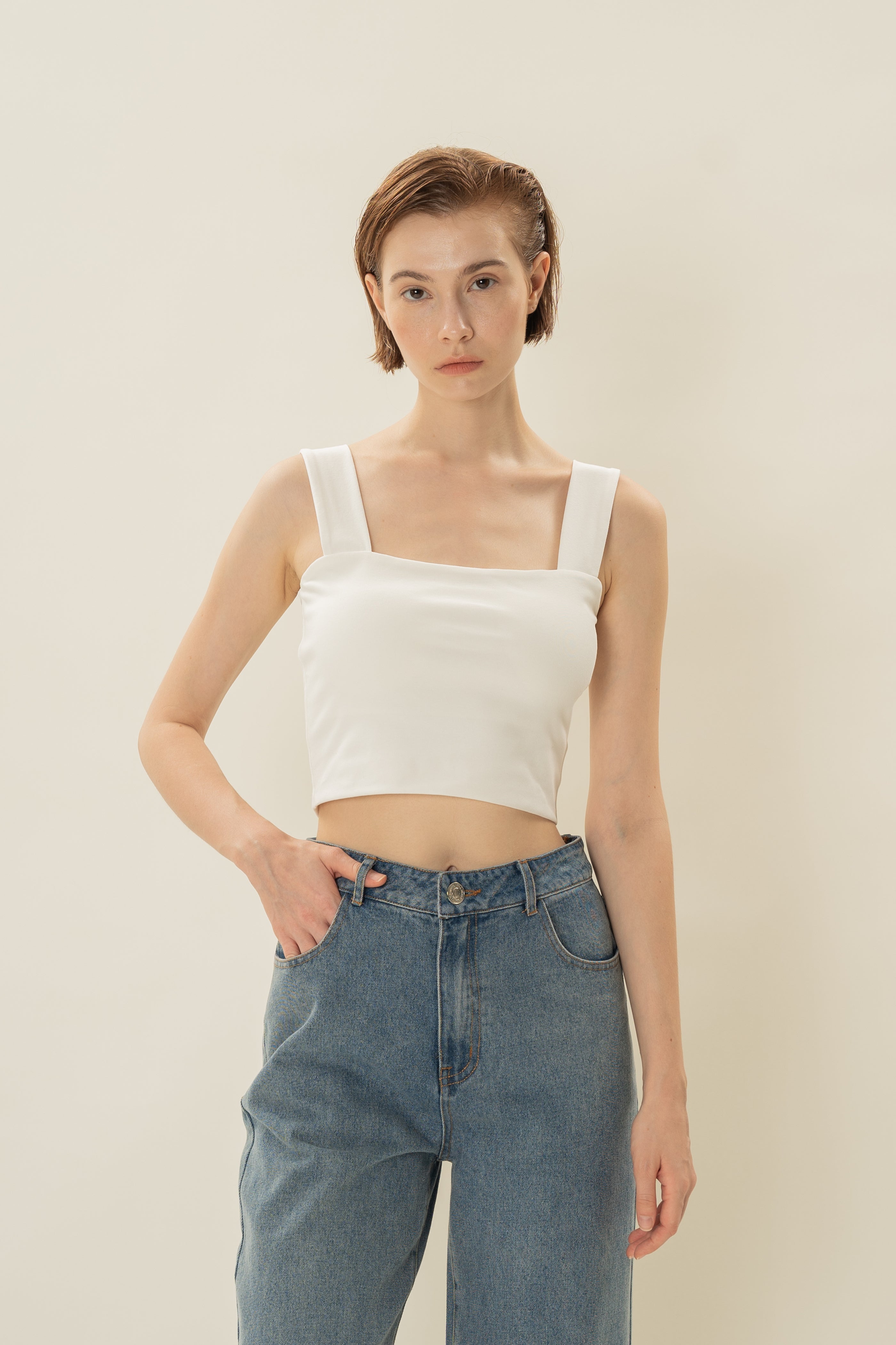 Padded Straight Neck Tank in White