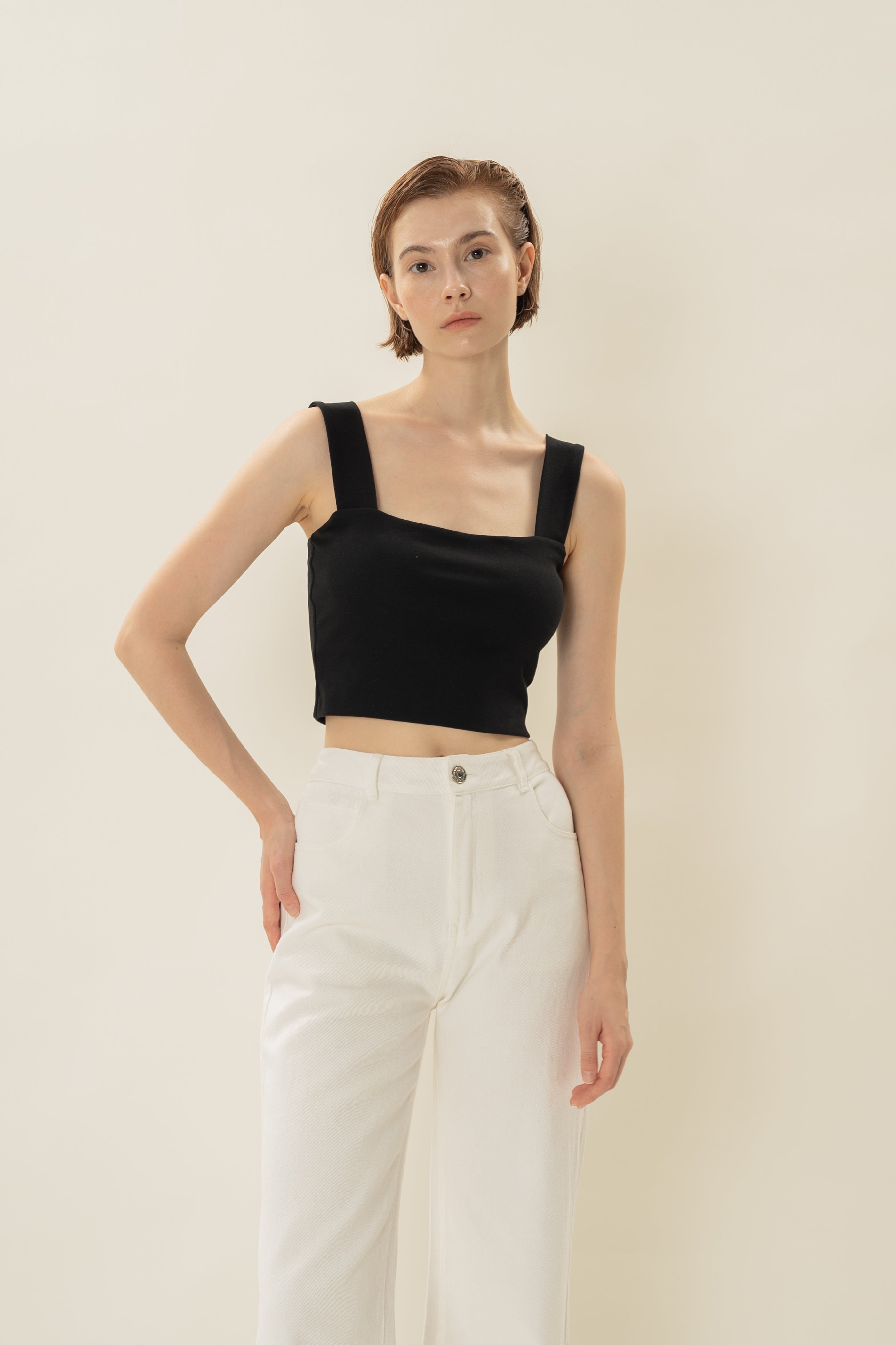 Padded Straight Neck Tank in Black