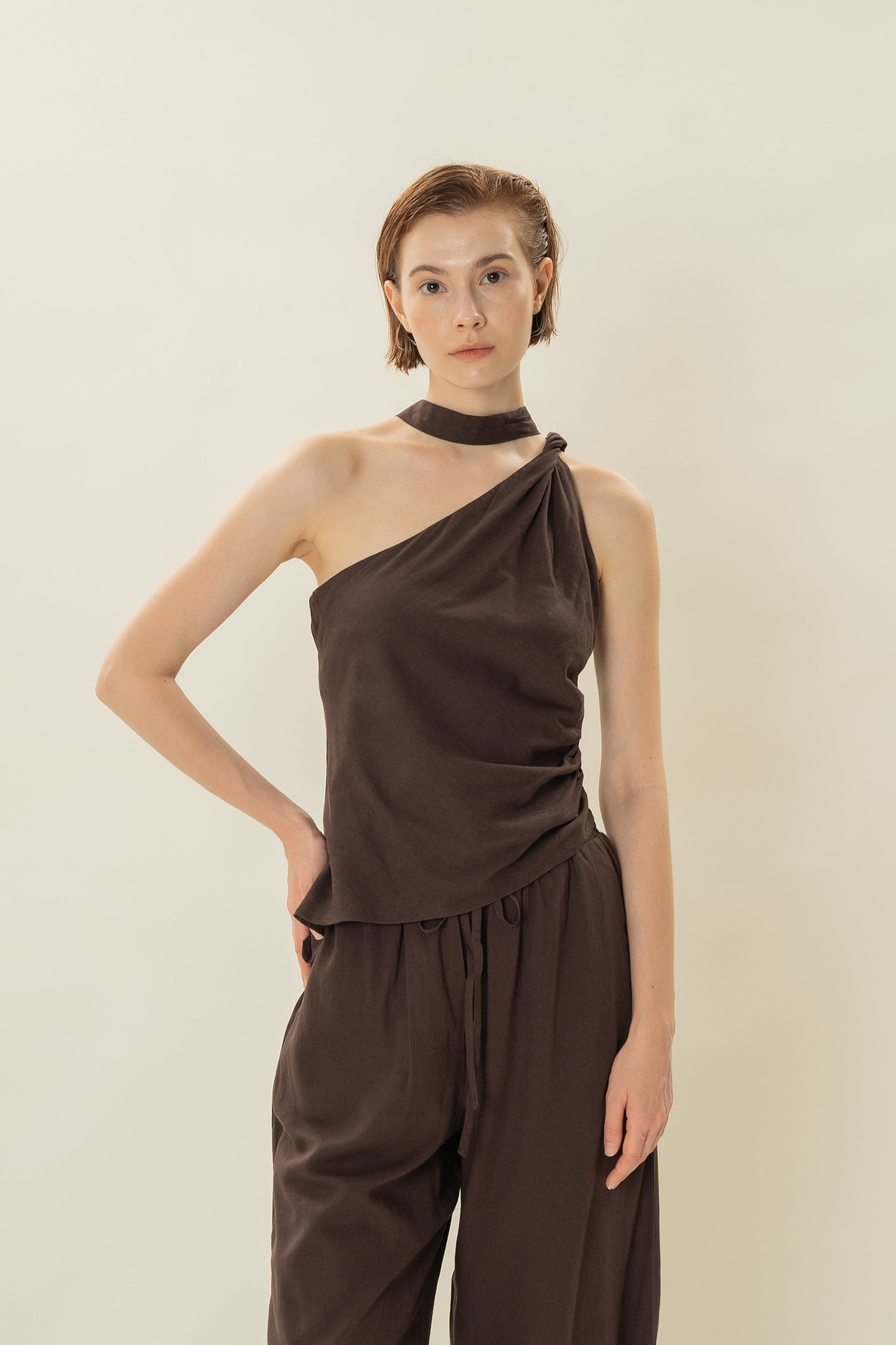 Draped Twist Knot Top in Umber