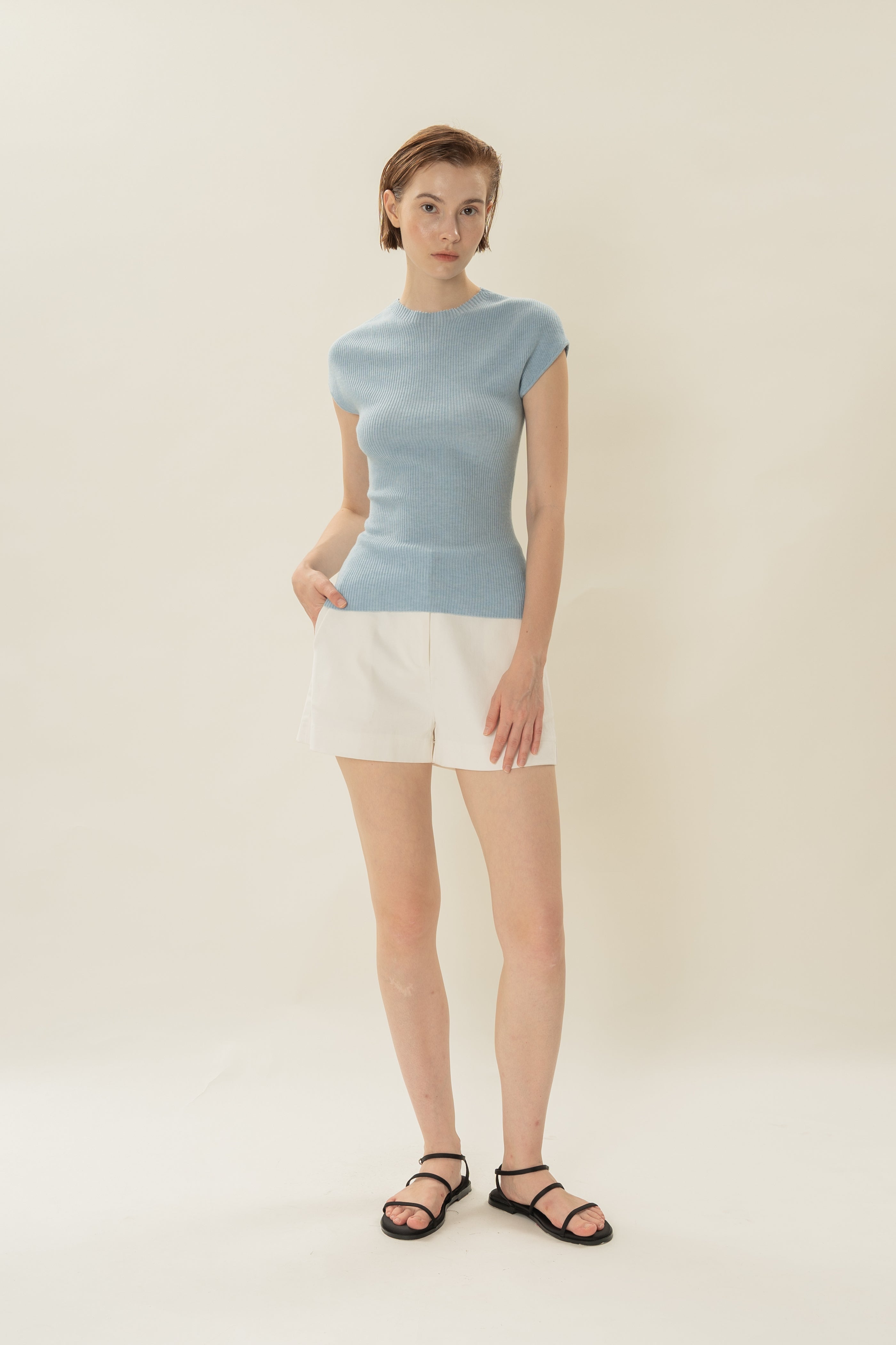Stretch Knit Cap-Sleeve Top in Mist Blue