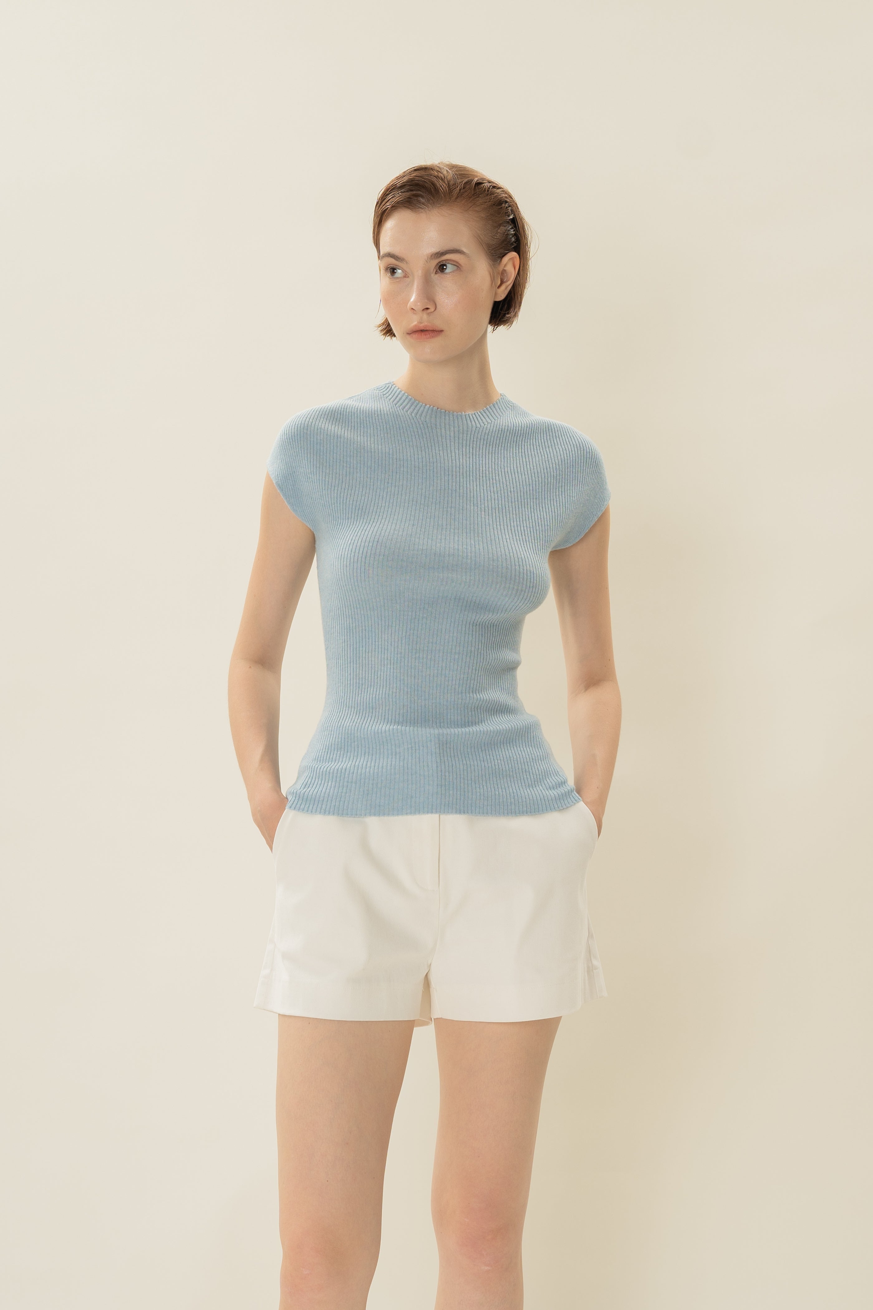 Stretch Knit Cap-Sleeve Top in Mist Blue