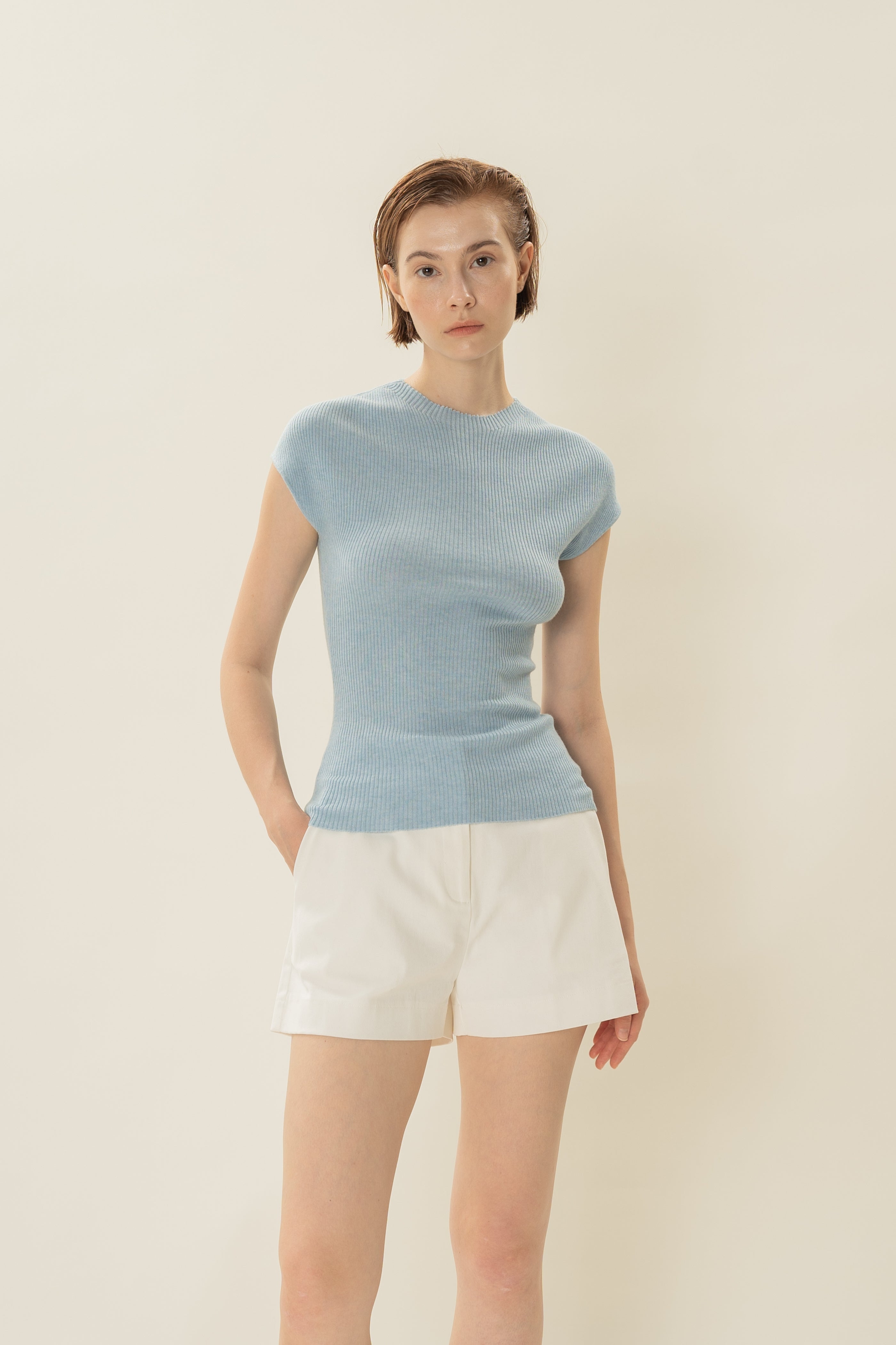 Stretch Knit Cap-Sleeve Top in Mist Blue