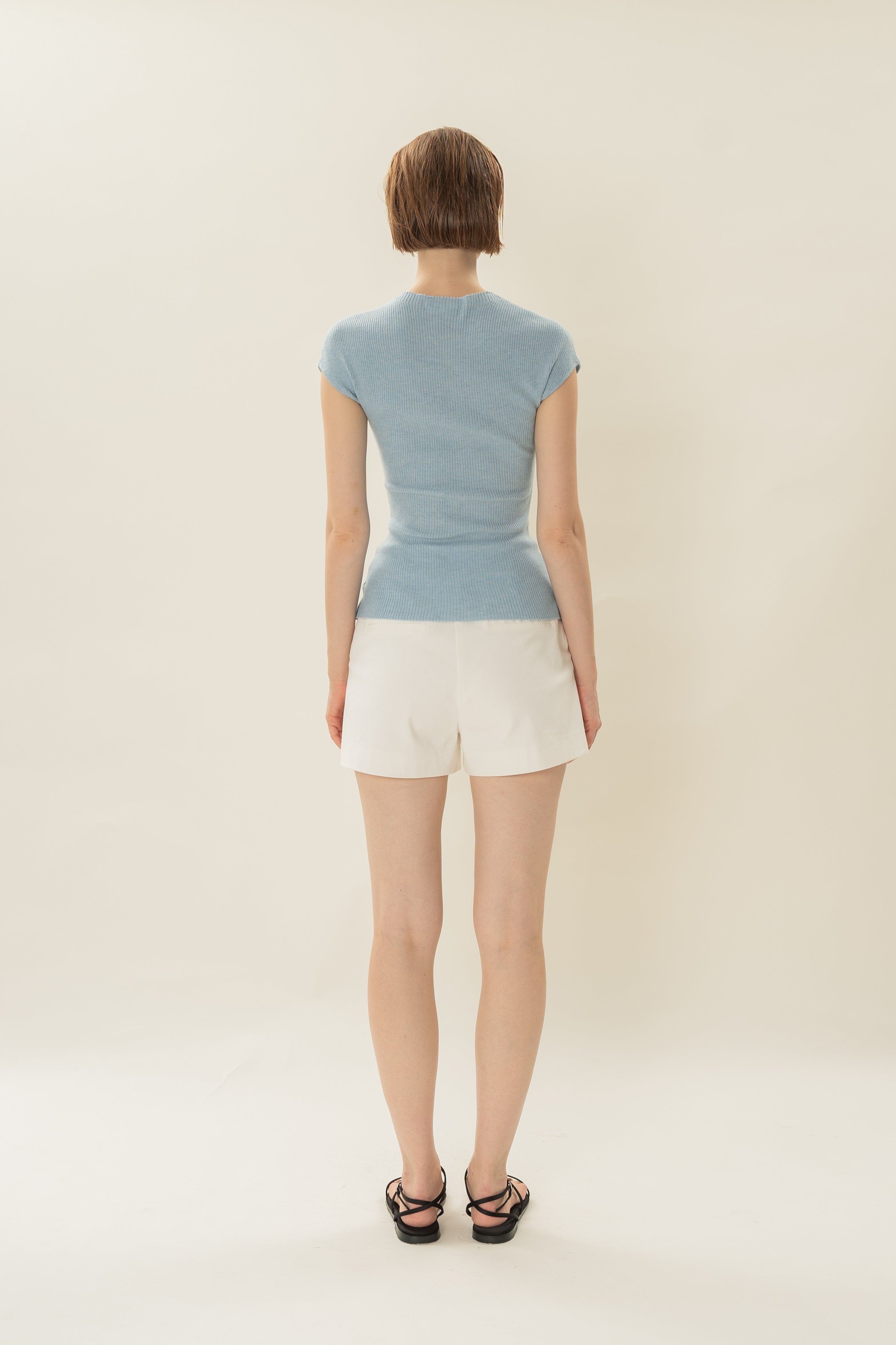 Stretch Knit Cap-Sleeve Top in Mist Blue