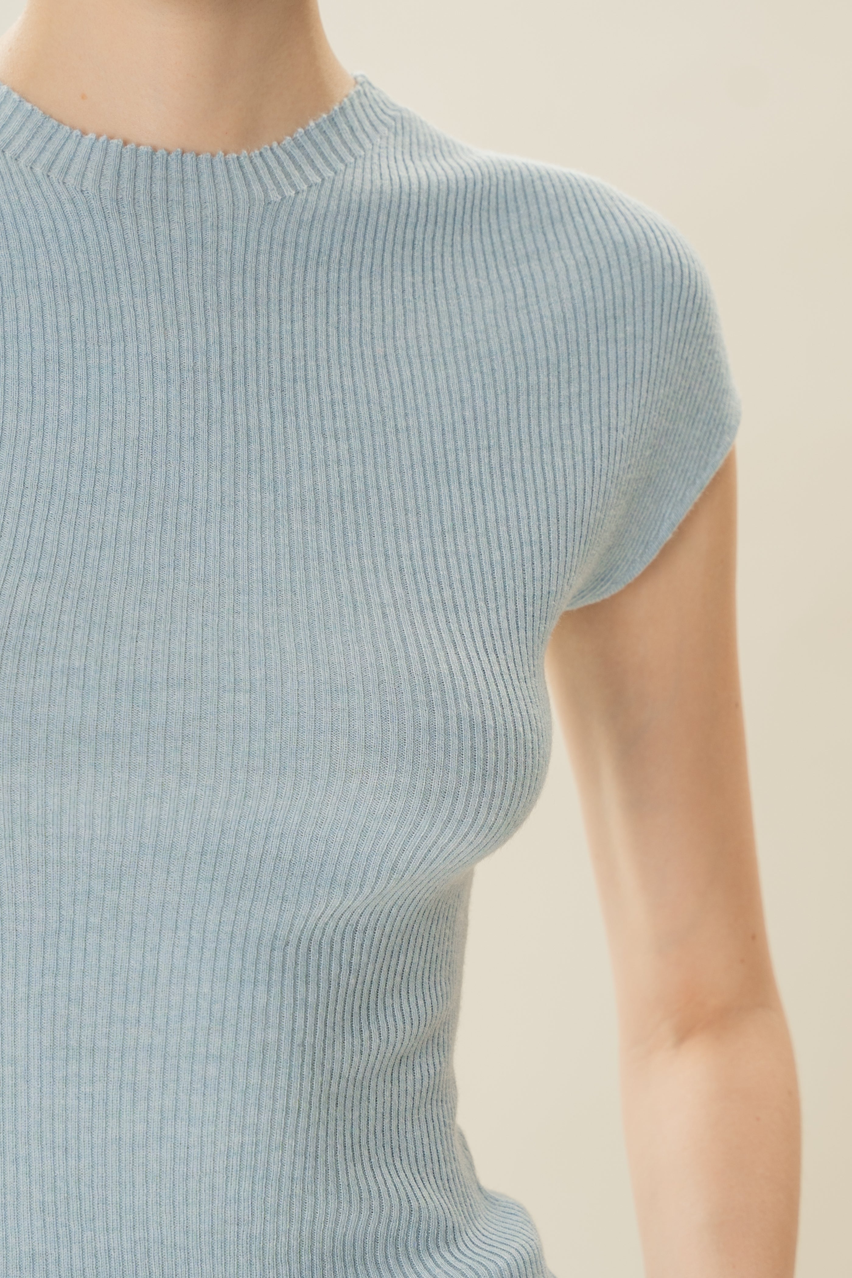 Stretch Knit Cap-Sleeve Top in Mist Blue