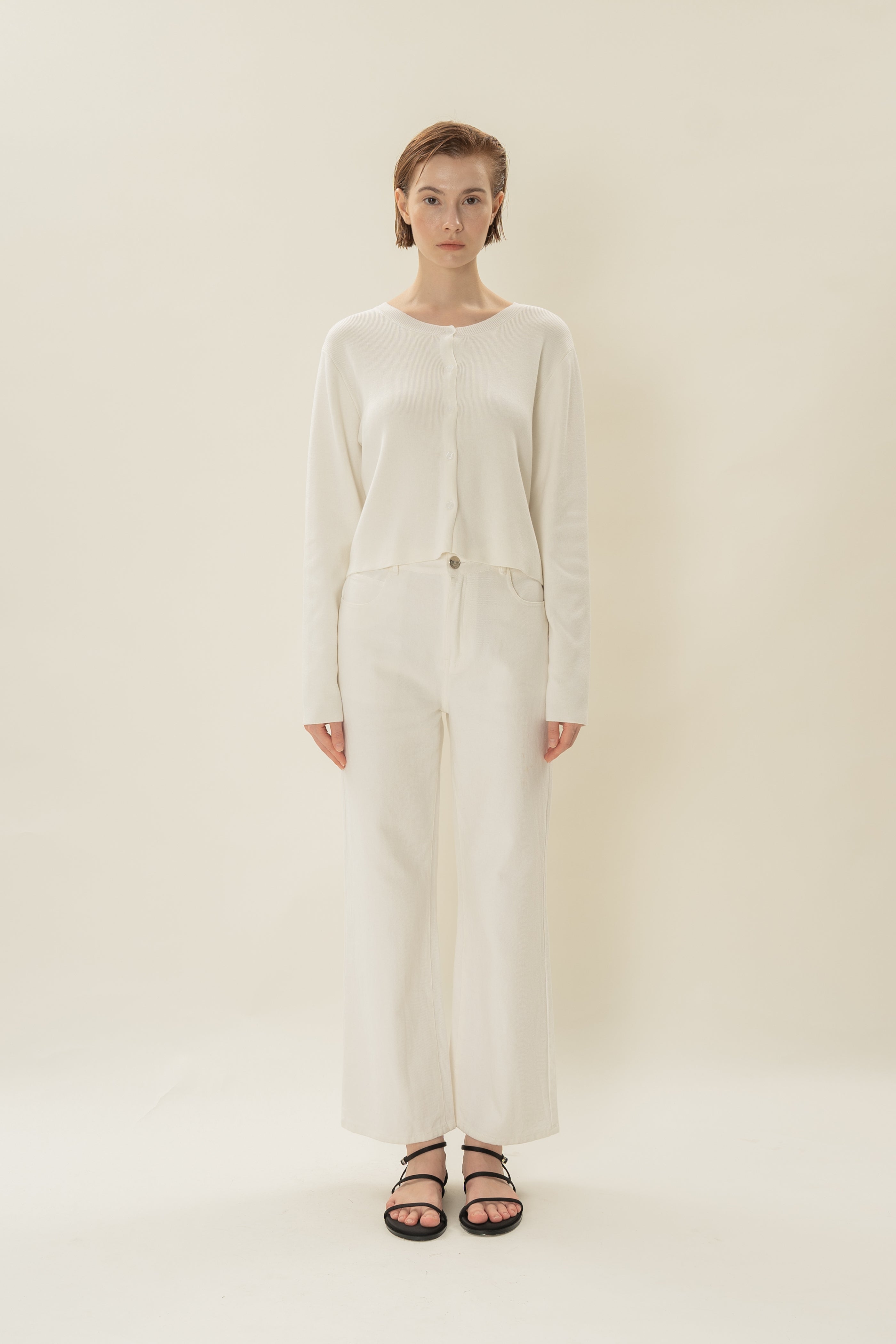 Round-Neck Knitted Cardigan in White