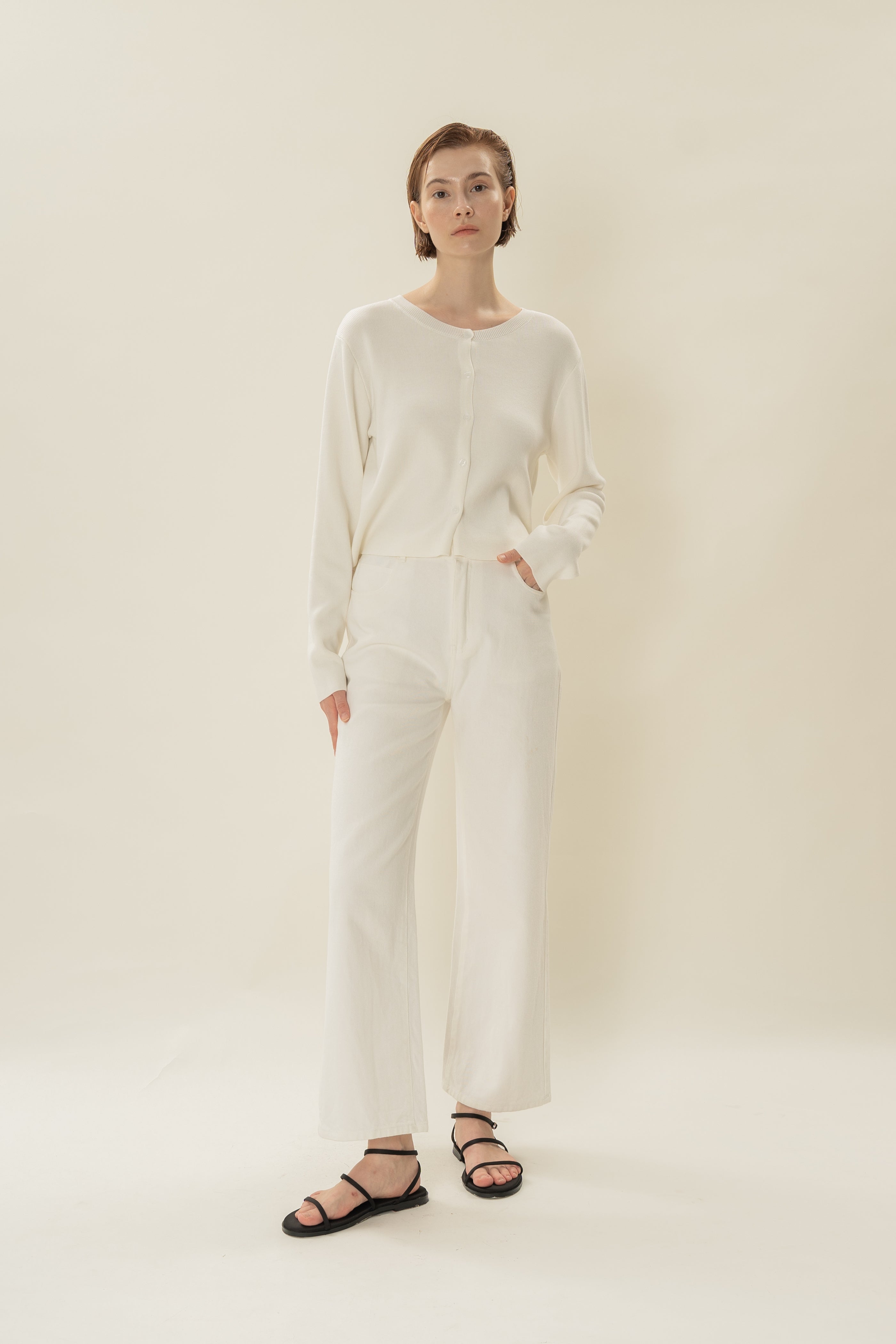 Round-Neck Knitted Cardigan in White