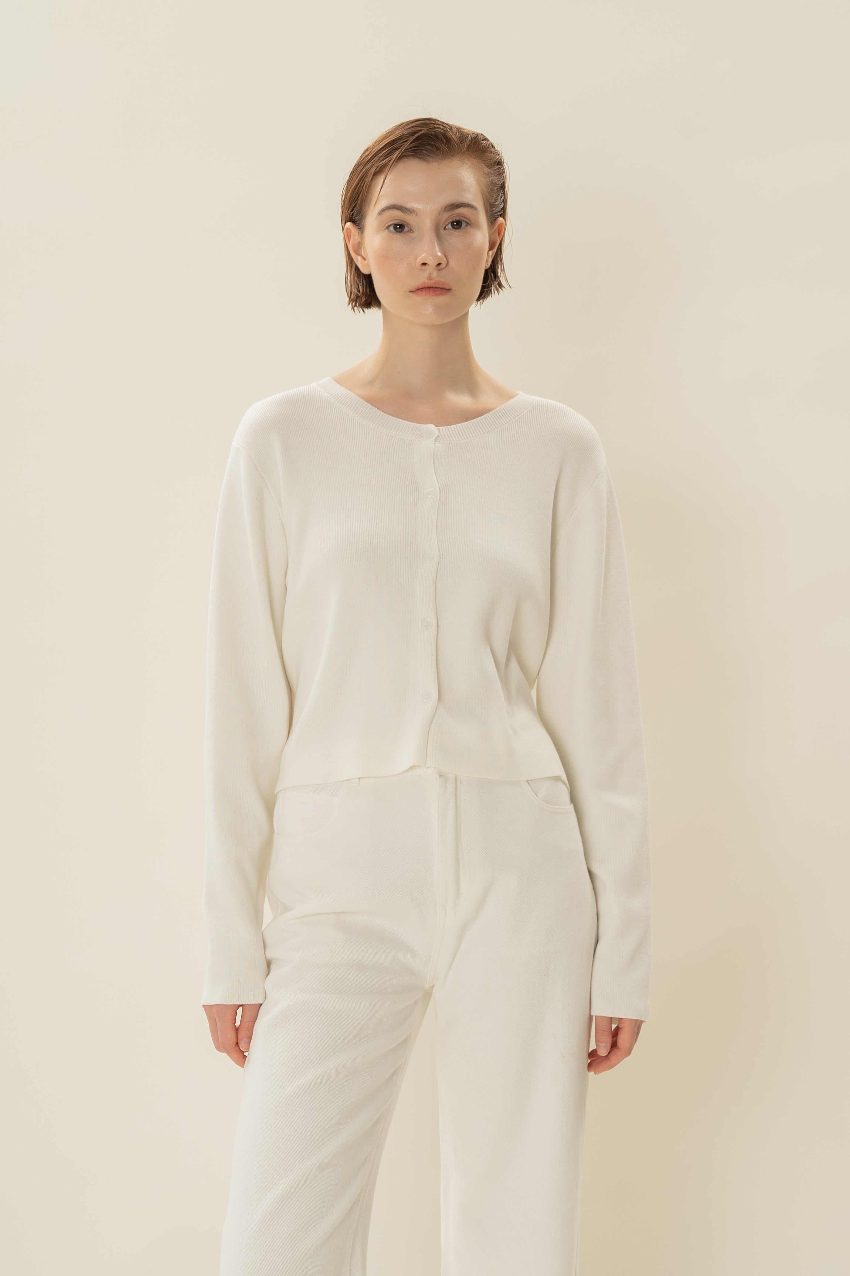 Round-Neck Knitted Cardigan in White