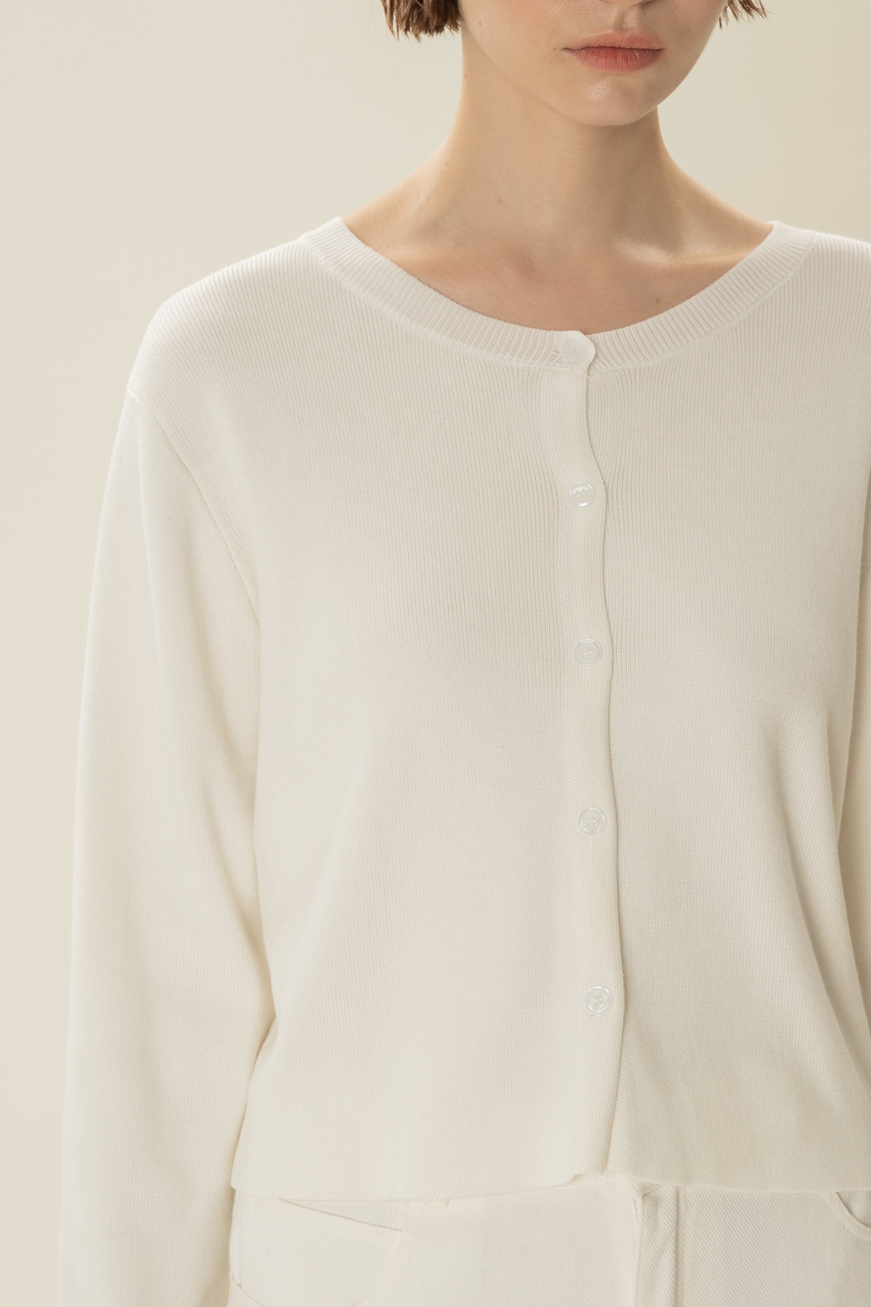 Round-Neck Knitted Cardigan in White