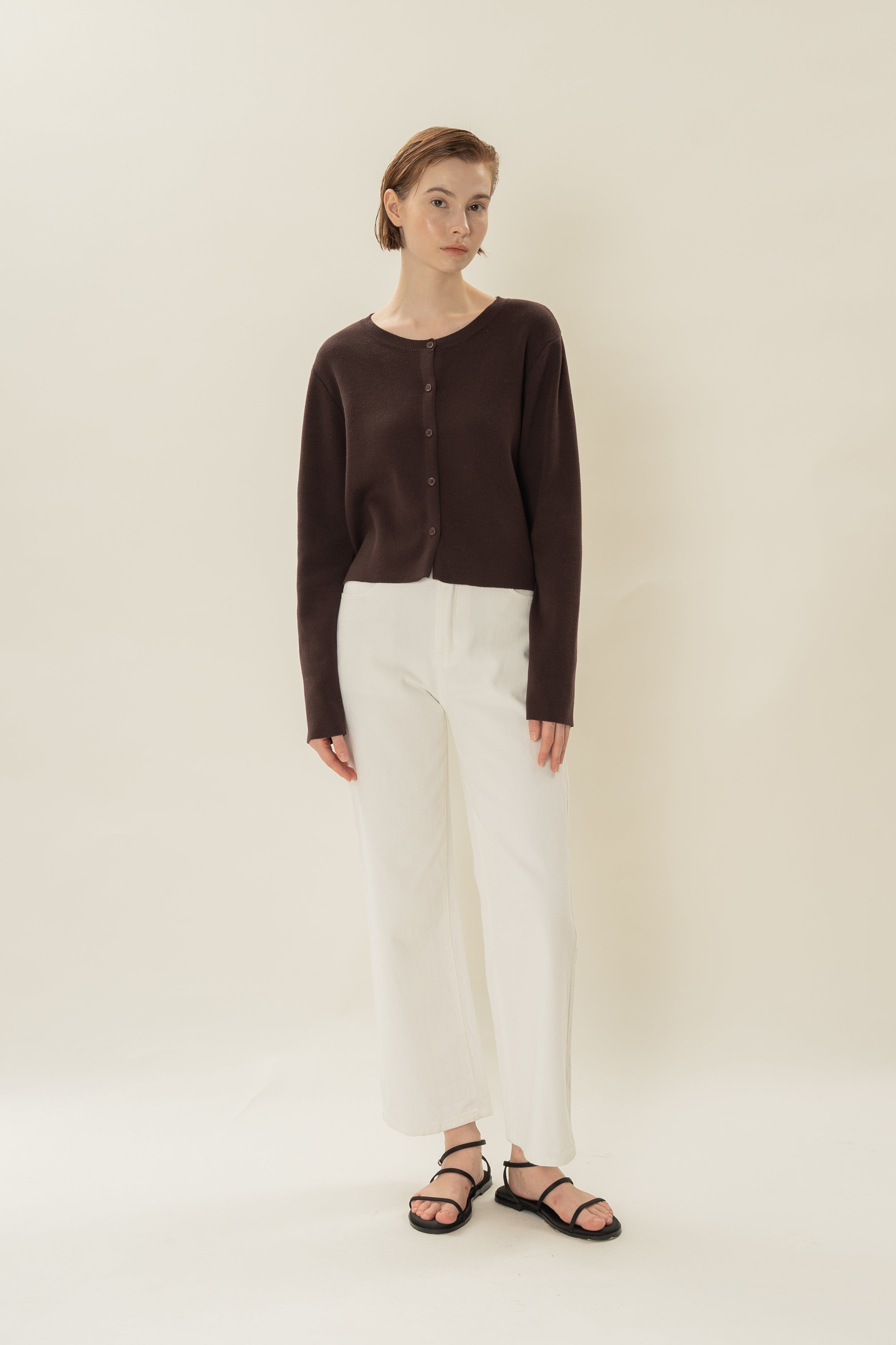 Round-Neck Knitted Cardigan in Umber