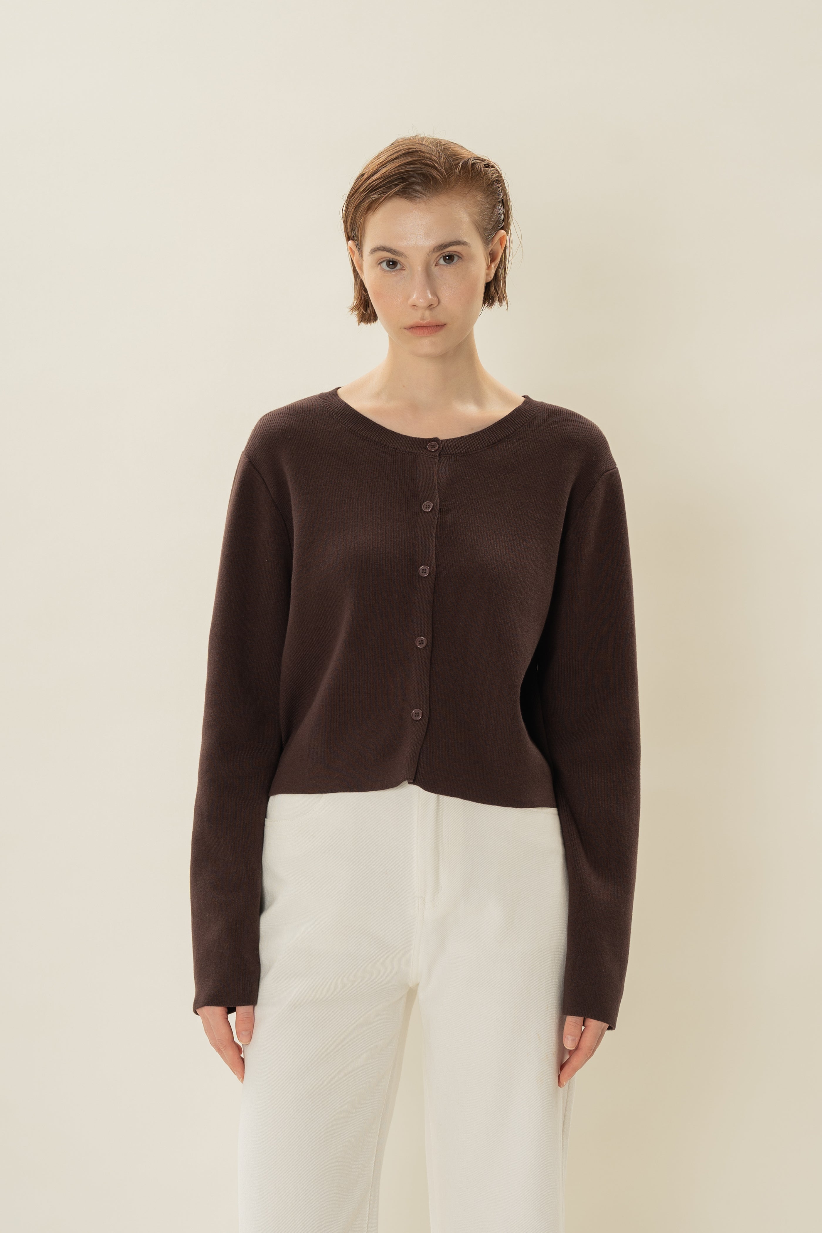 Round-Neck Knitted Cardigan in Umber