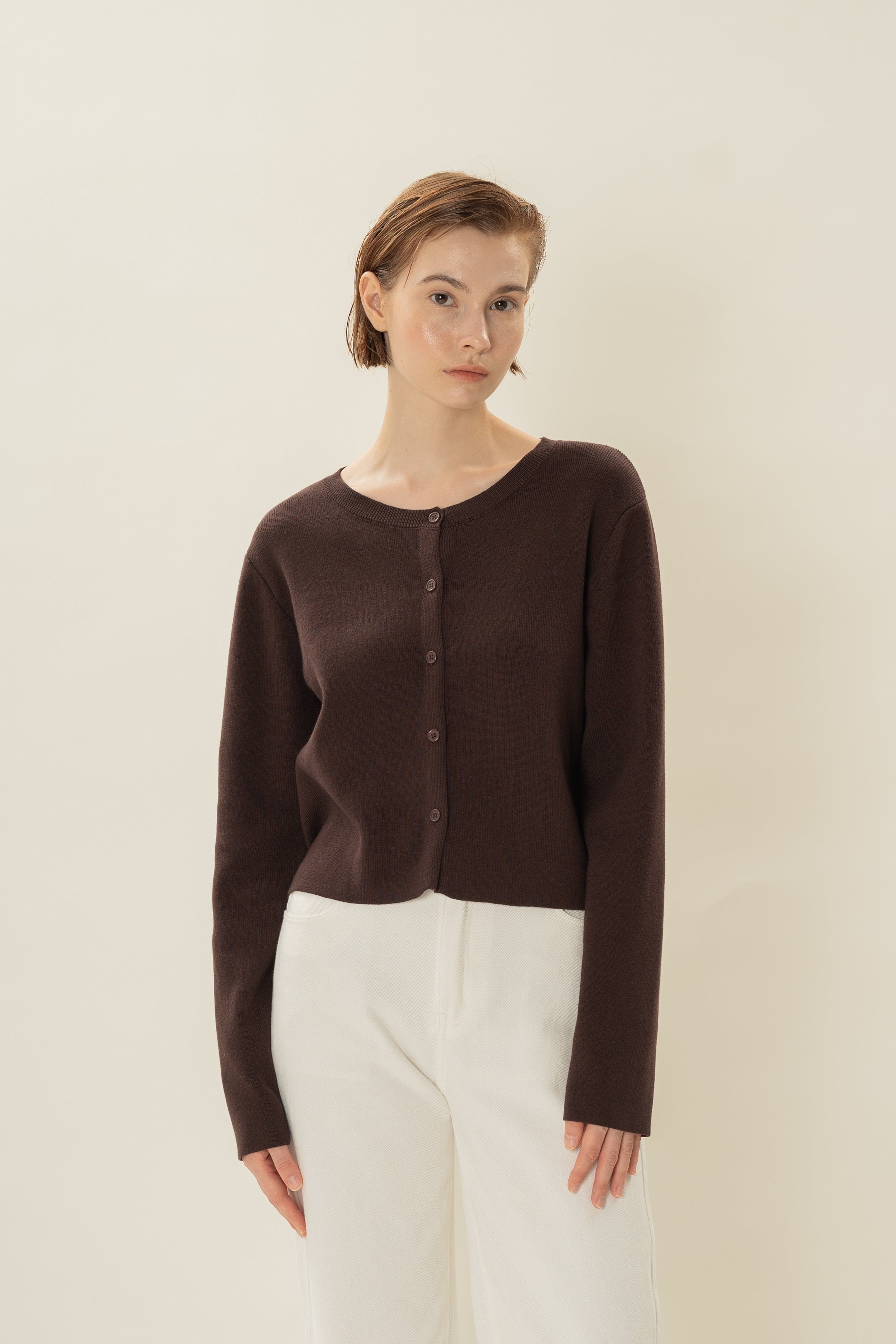 Round-Neck Knitted Cardigan in Umber