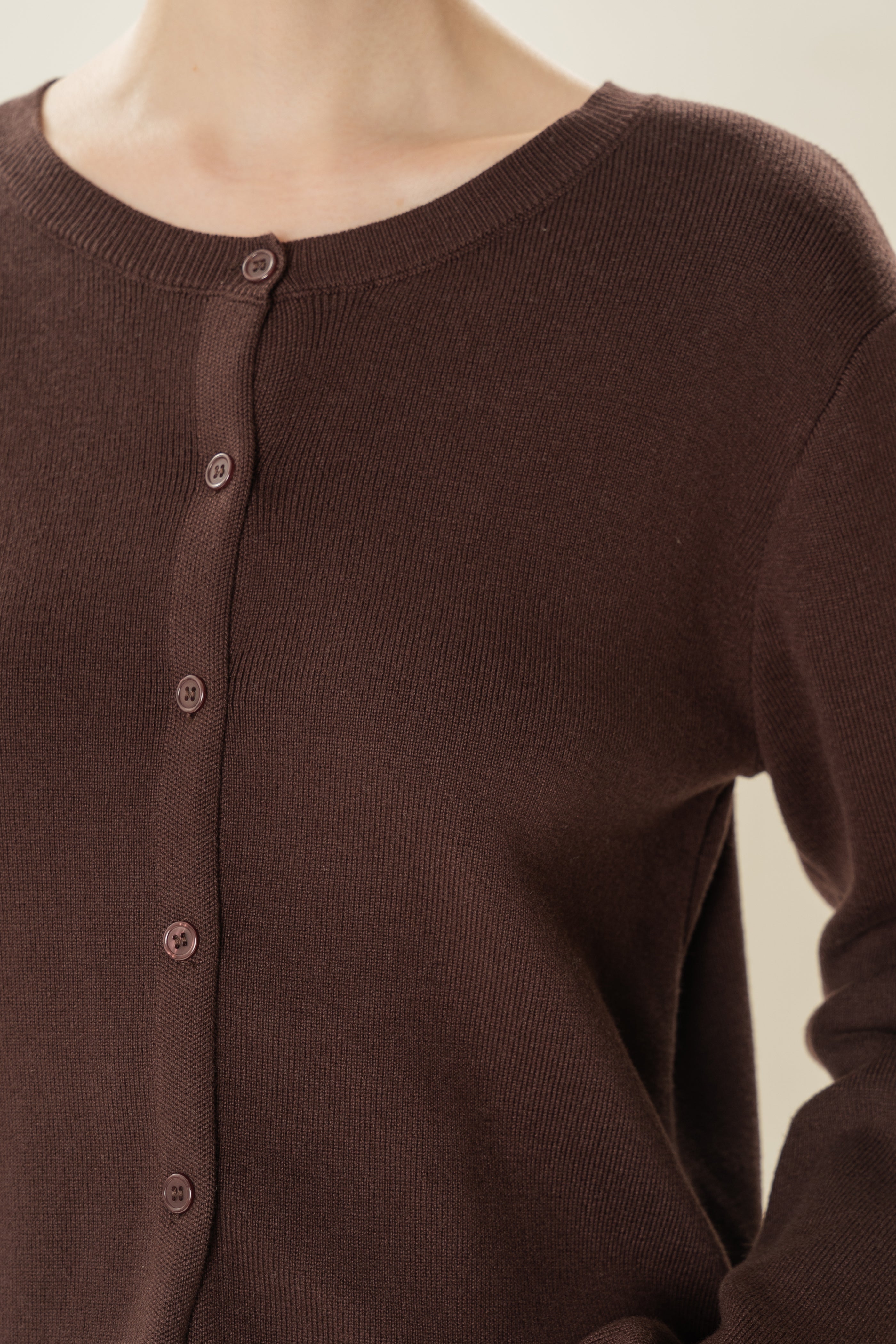 Round-Neck Knitted Cardigan in Umber
