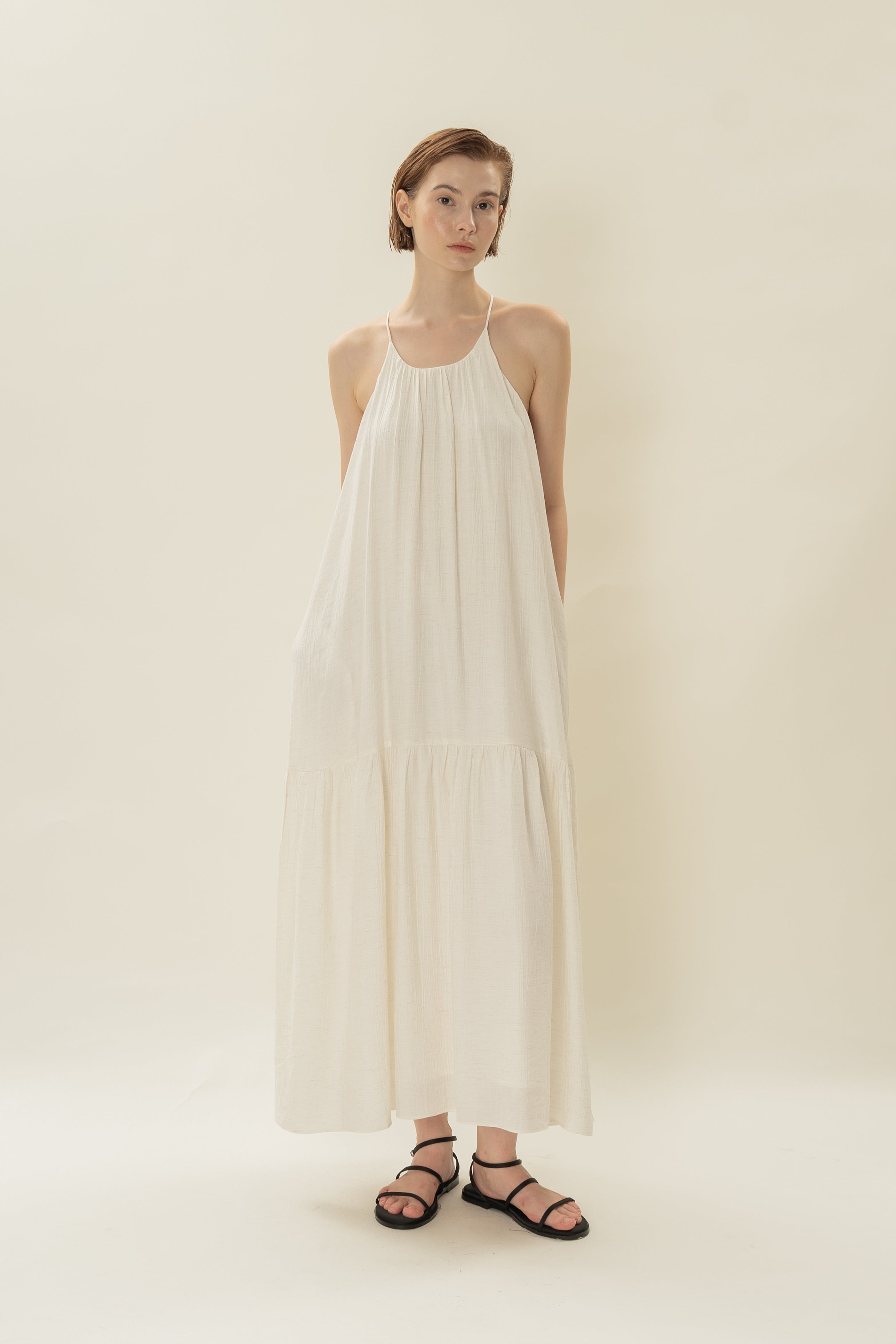 Gathered Halter Tiered Dress in Ivory
