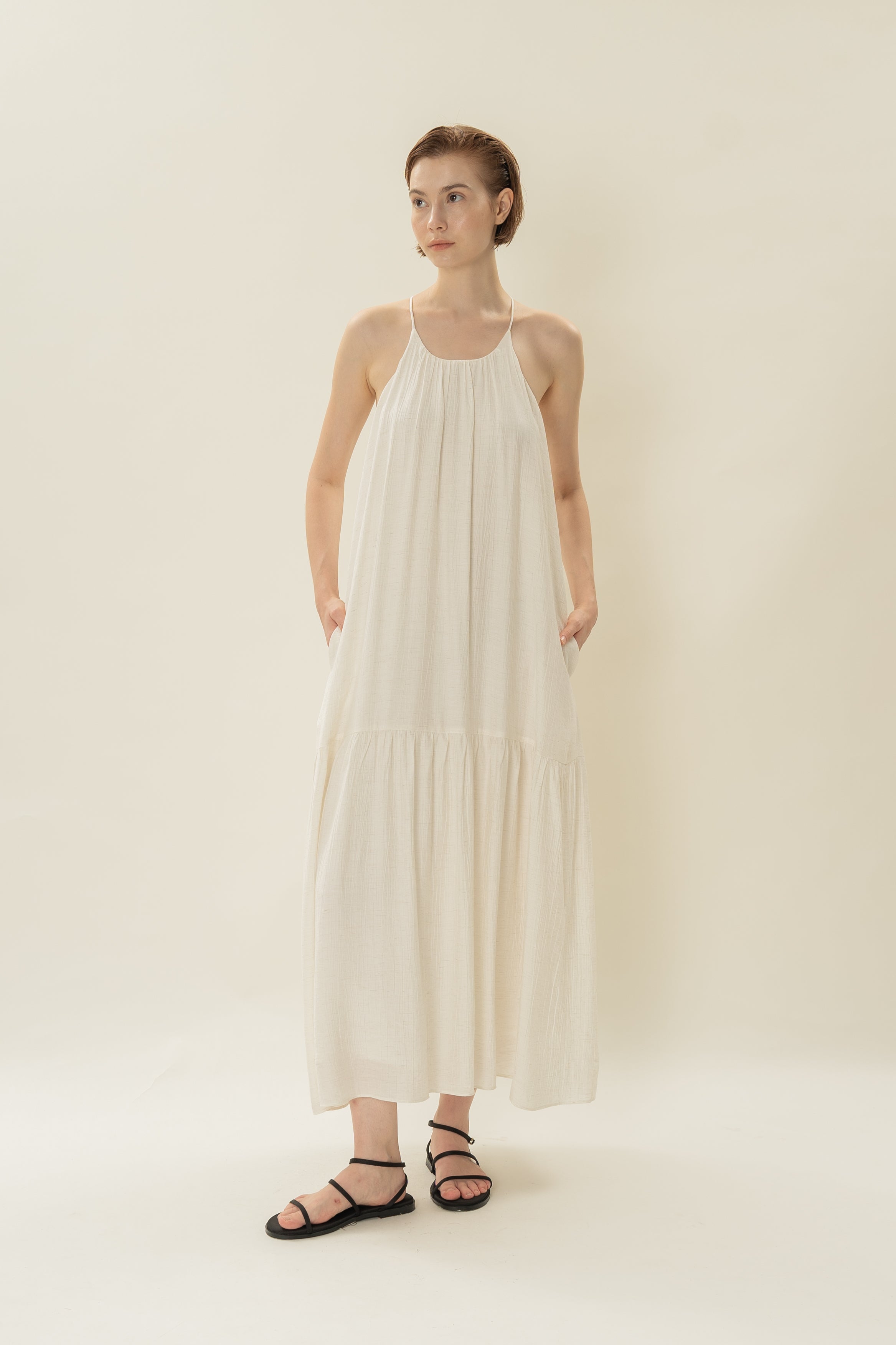 Gathered Halter Tiered Dress in Ivory